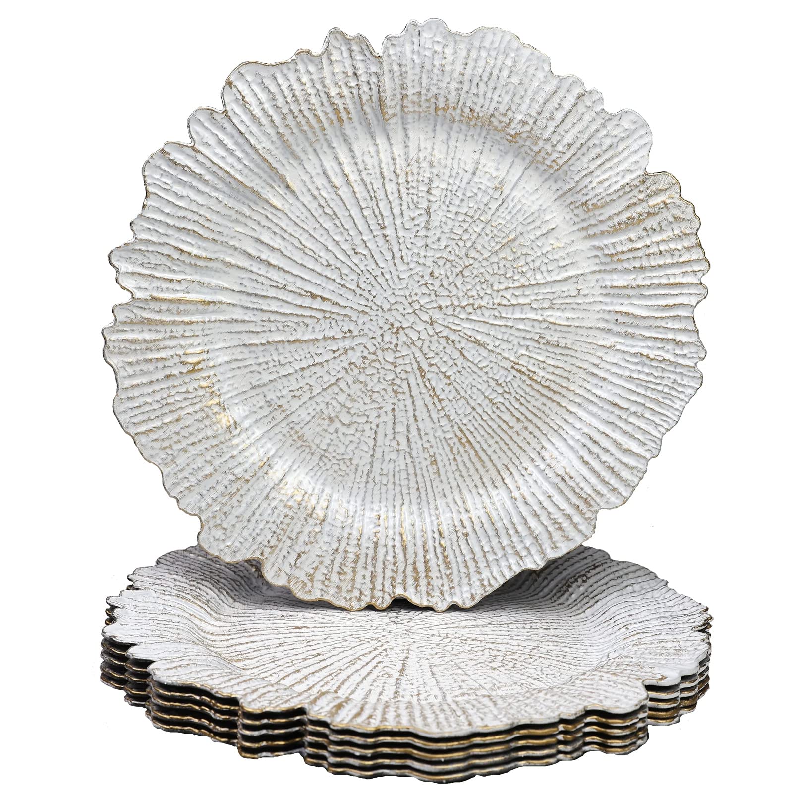 Leemxiiny White Reef Charger Plates with Gold Brushed, Set of 6 Decorative Chargers for Dinner Plates Bulk for Wedding, Party, Holiday, Thanksgiving, Christmas Table Setting