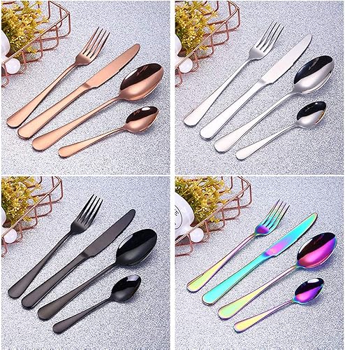 Miniatura 3 de Juego de 4 cubiertos de acero inoxidable 304, juego de vajilla, cuchara, tenedor, cuchillo, cubiertos, Dorado