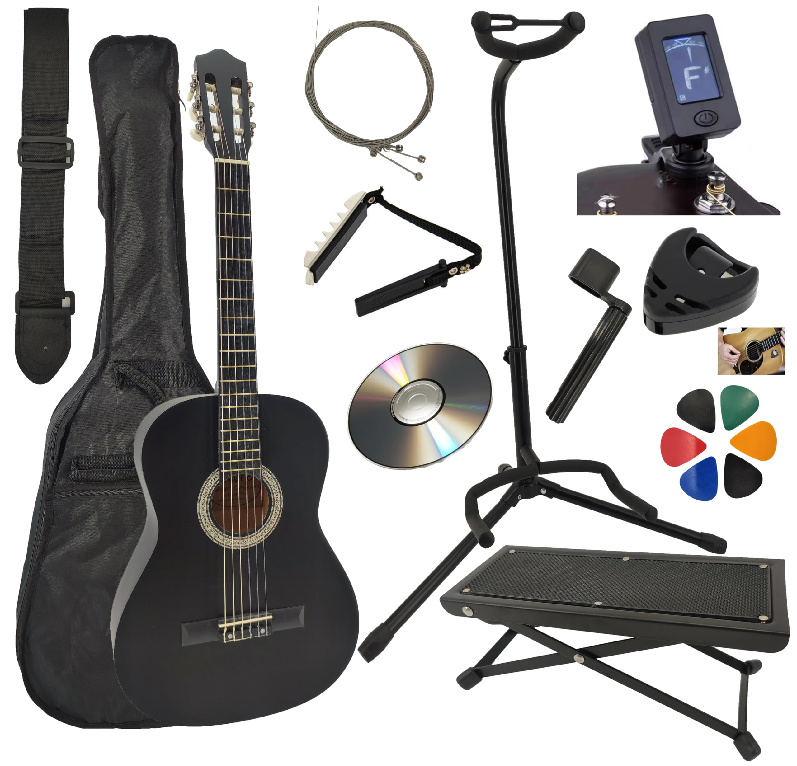 Pack Guitare Classique 4/4 (Adulte) 11 Accessoires Cour Vidéo et CD (Noir, Droit)