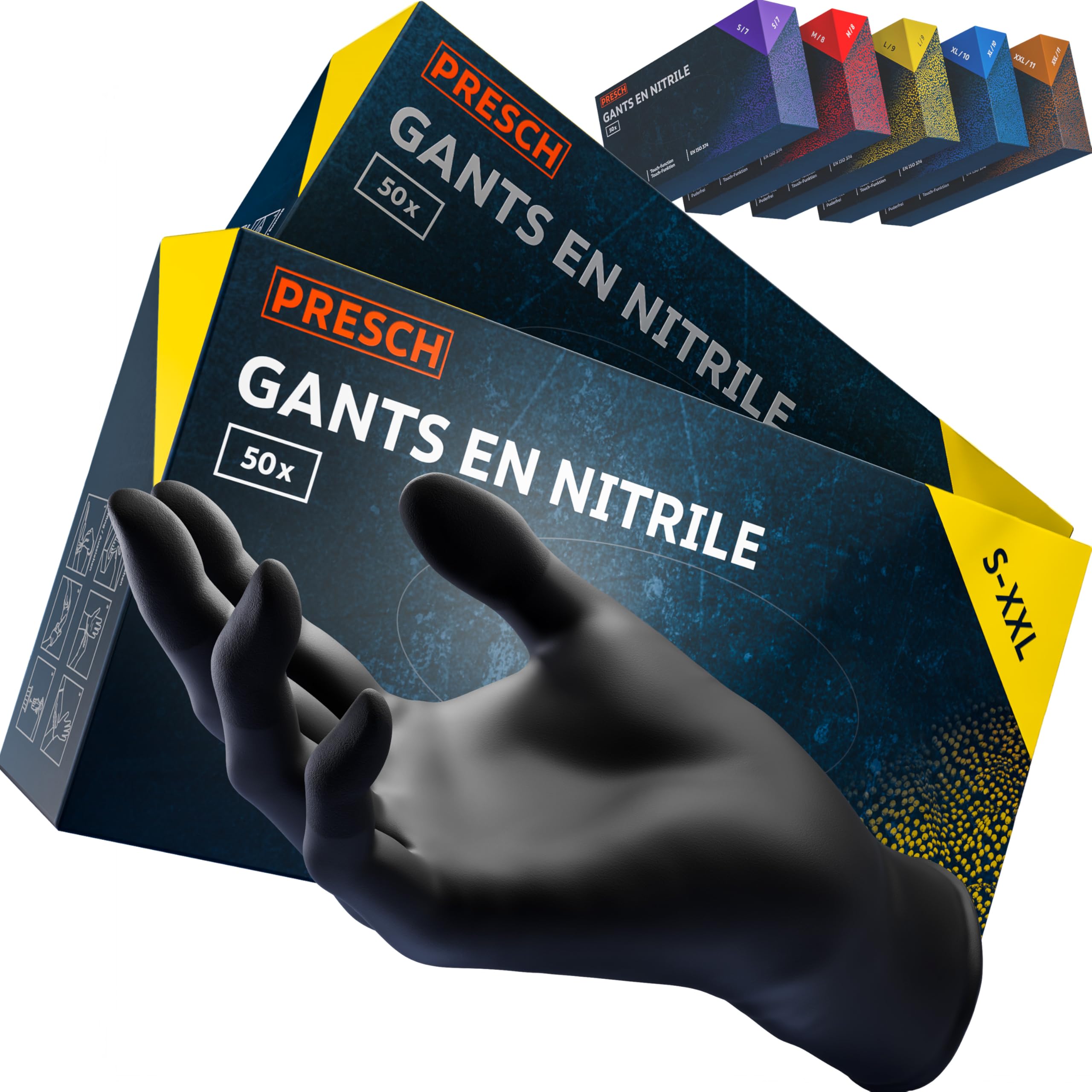 PRESCH Gants Jetables Noir 100 pc (L - 9) - Gants en nitrile avec bouts de doigts texturés - Sans latex et poudre - Résistant aux déchirures grâce à son bord roulé renforcé