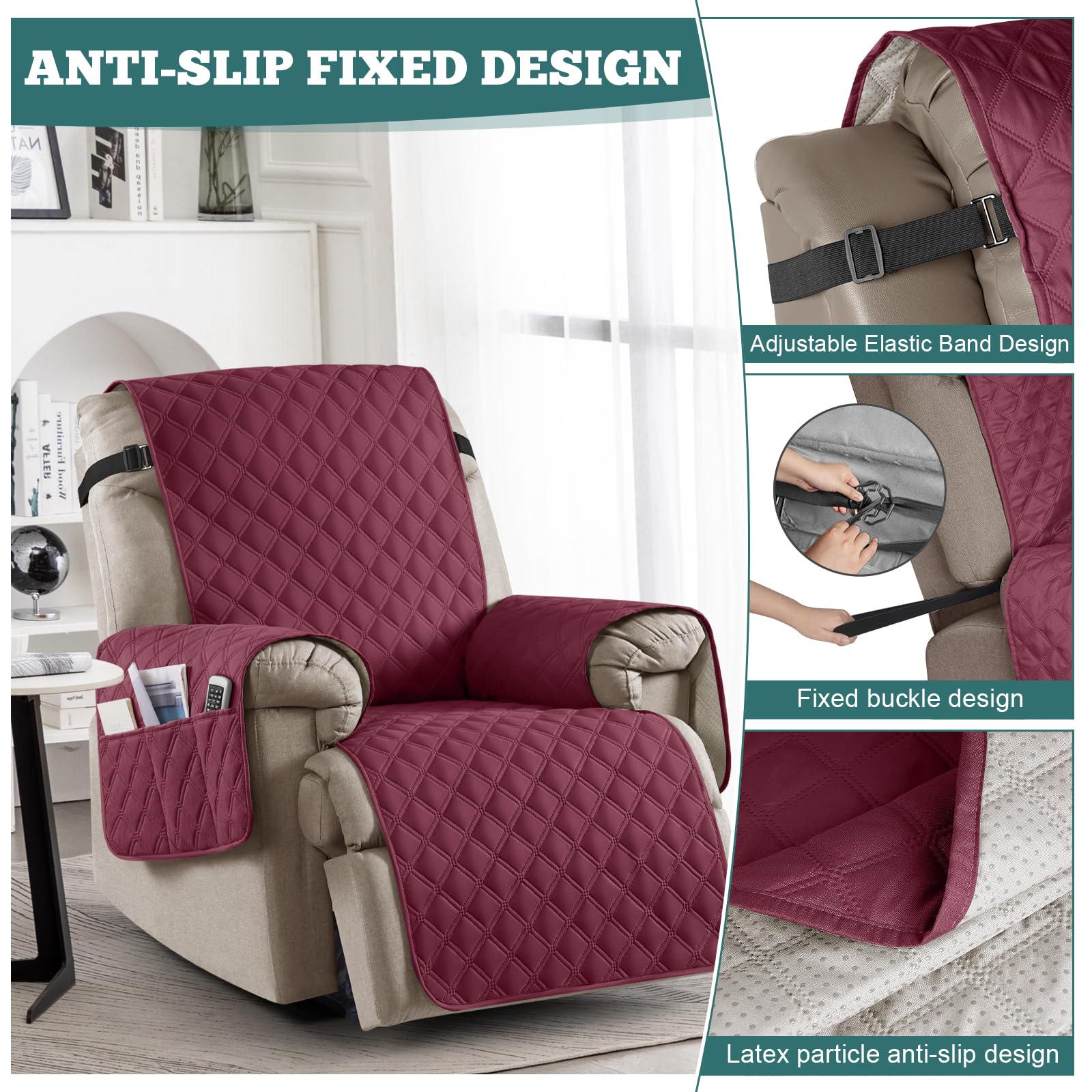 Ruaozz Funda para silla reclinable 100% impermeable, antideslizante, de gran tamaño, para silla reclinable grande, lavable, con correas elásticas para niños, perros, mascotas (vino, 71 cm)