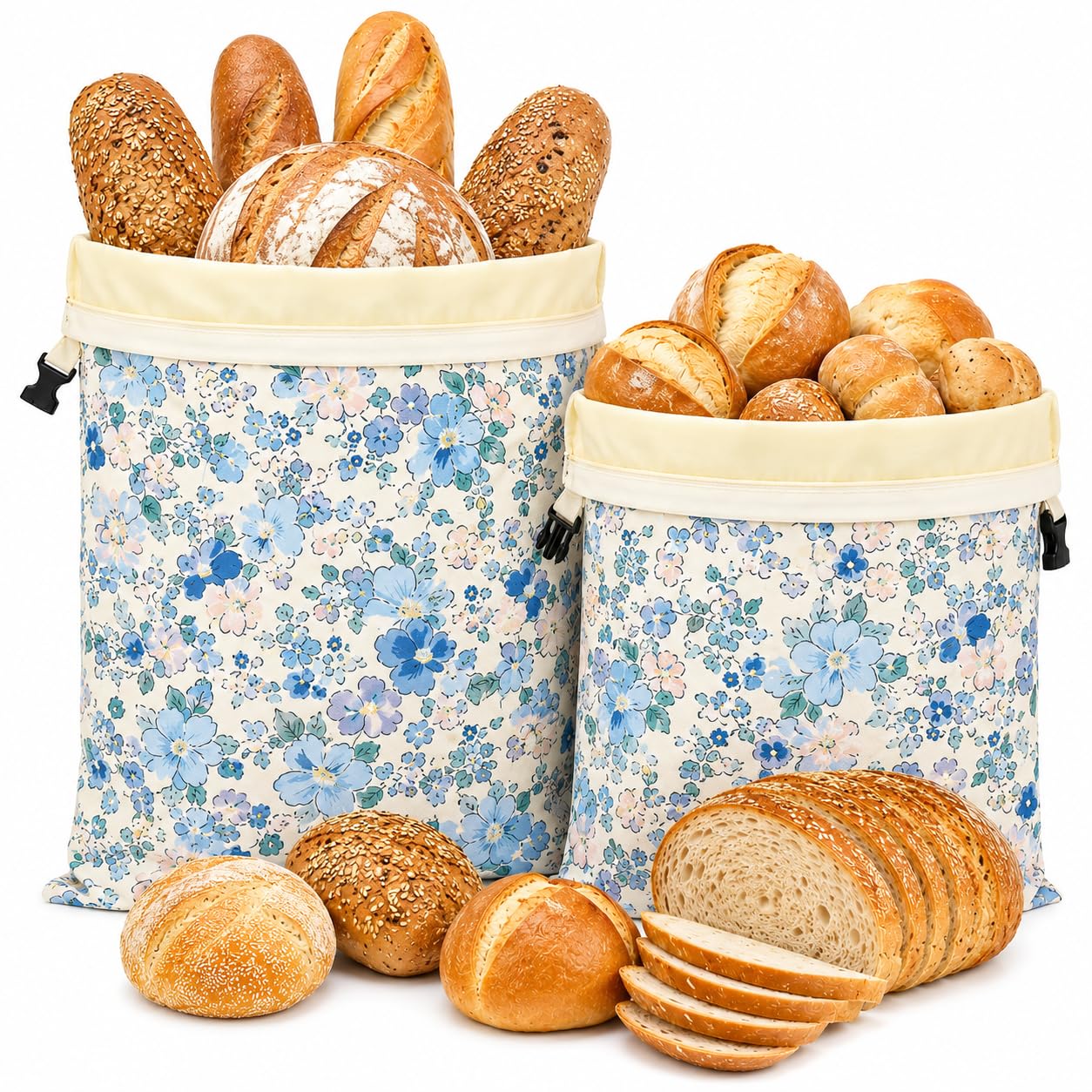 Sytinnice 2 Pack Beeswax Bread Bags for Home Bakers, 43 x 33 cm Reusable Sourdough Bread Storage Bags with Natural Beeswax Lining, Washable Cotton Bags for Homemade Loaves-Blue Floral