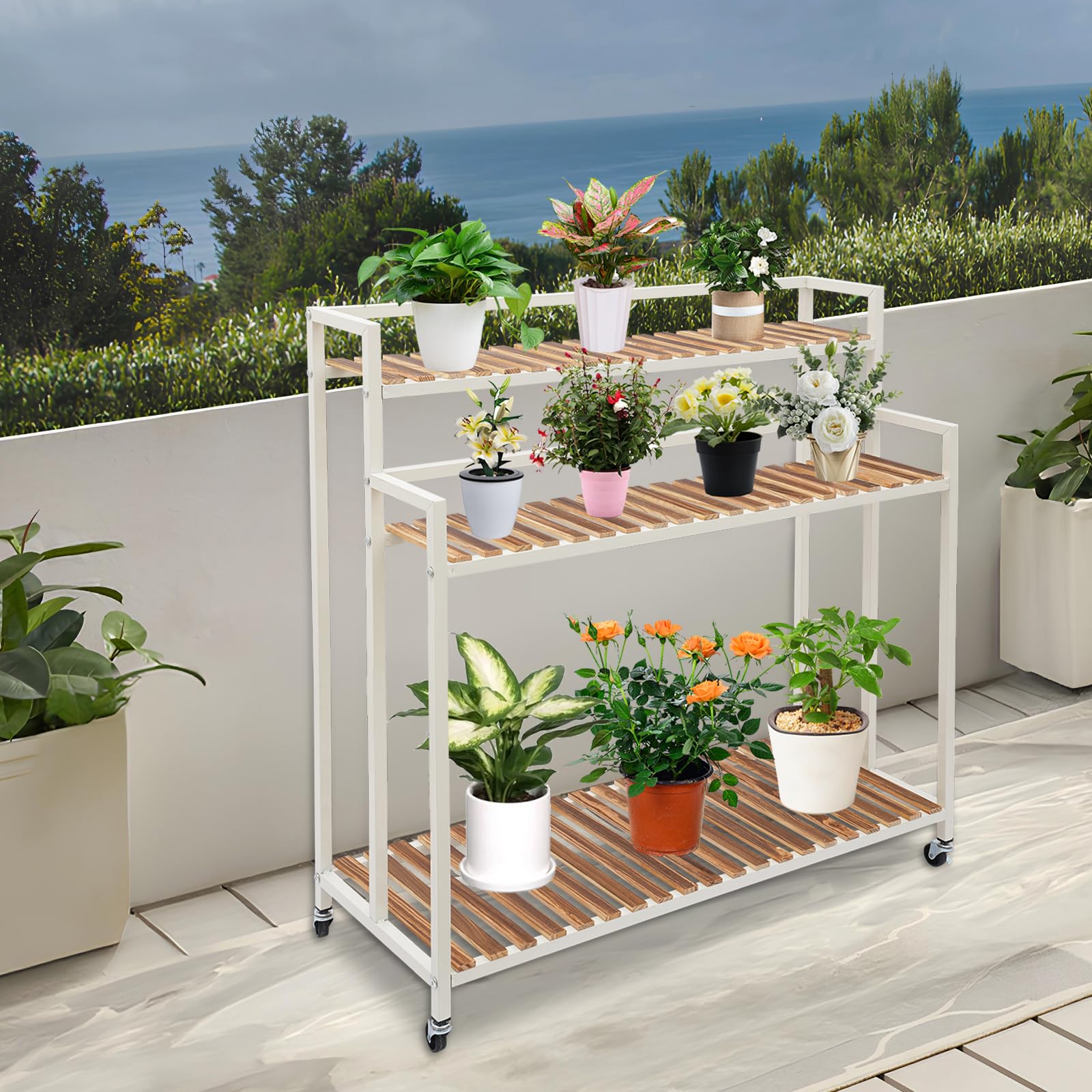 Estantería para plantas de tres niveles, soporte para flores portátil con 4 ruedas y 120 kg de capacidad de carga para balcón, jardín, terraza, 100 x 40 x 102 cm, negro
