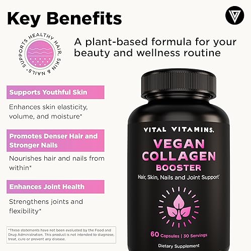 Miniatura 3 de Vital Vitamins Suplemento de Colágeno Vegano - con Sílice y Ácido Hialurónico - Suplementos de Colágeno a Base de Plantas - Apoya el Cabello, la