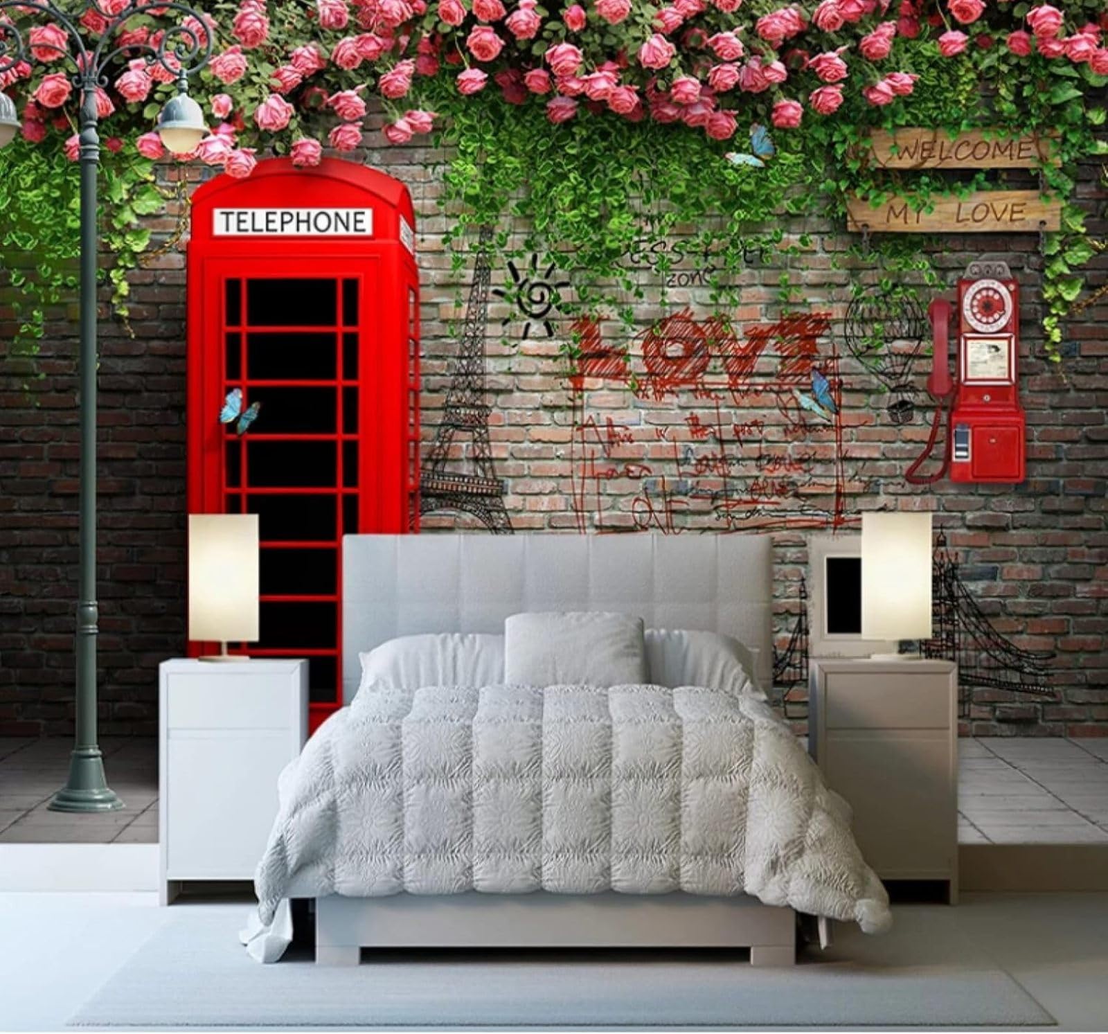 Xlming 350Cm×256Cm(B×H) Brick Wall Red Telephone Box Roses Vines 3D Wallpaper Luxury Home Dining Decor Paste Sofa Living Room The Wall For Bedroom Mural-350Cm×256Cm
