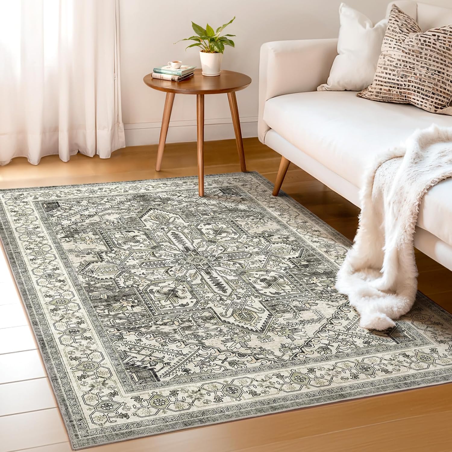 WITSHOCK Living Room Area Rugs 4x6: Washable Rug Boho Soft Non-Slip Low Pile Stain Resistant Foldable Carpet for Bedroom Playroom Dining Room Office Kitchen Farmhouse Home Decor Rug-Brown/Lvory 4' x 6' (Rectangular) Brown/Lvory