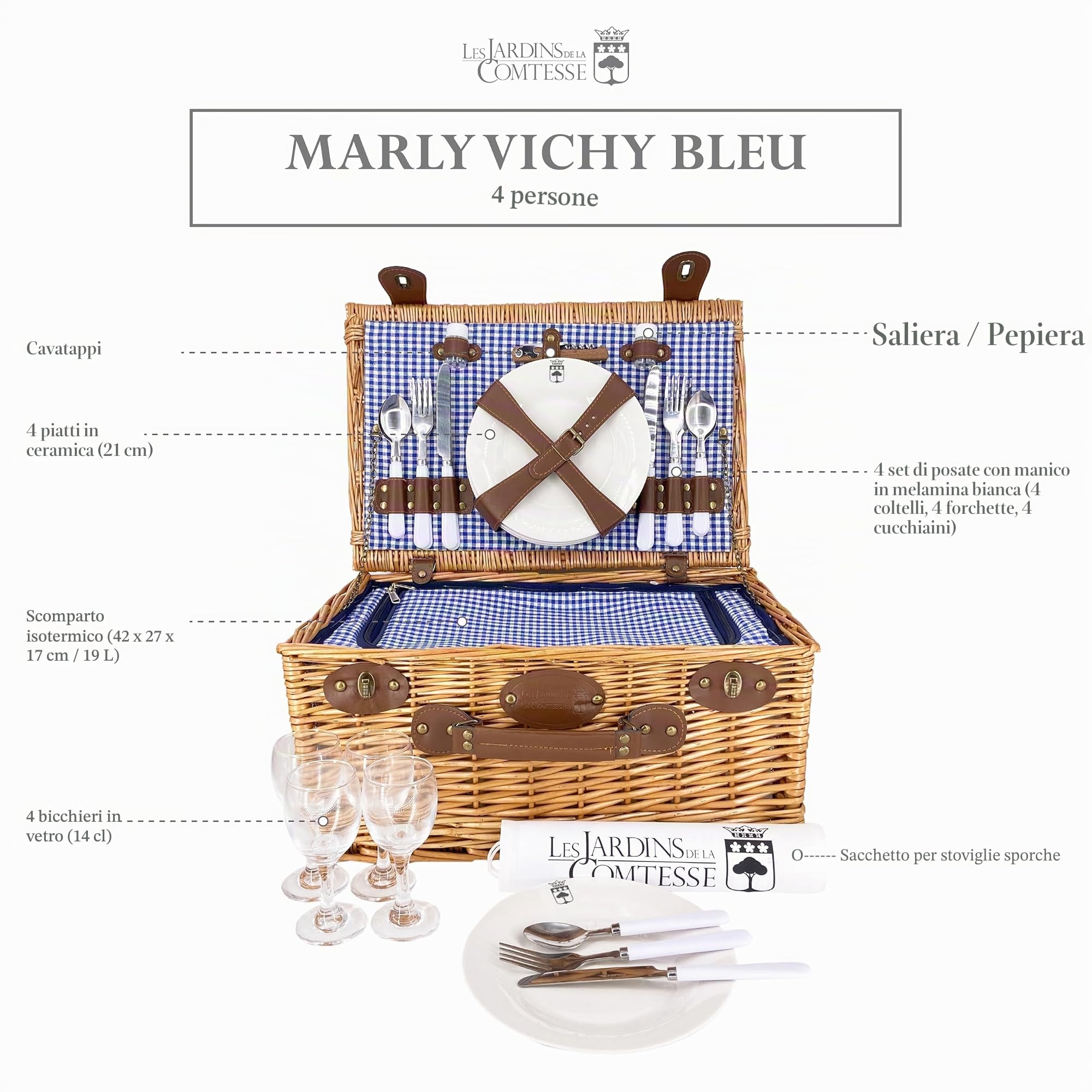 Les Jardins de la Comtesse - Cesto da picnic Marly in tessuto a quadretti blu - Completo- 4 Persone - Scomparto frigo isotermico - Piatti in ceramica e bicchieri da vino in vetro - 46 x 31 x 20 cm