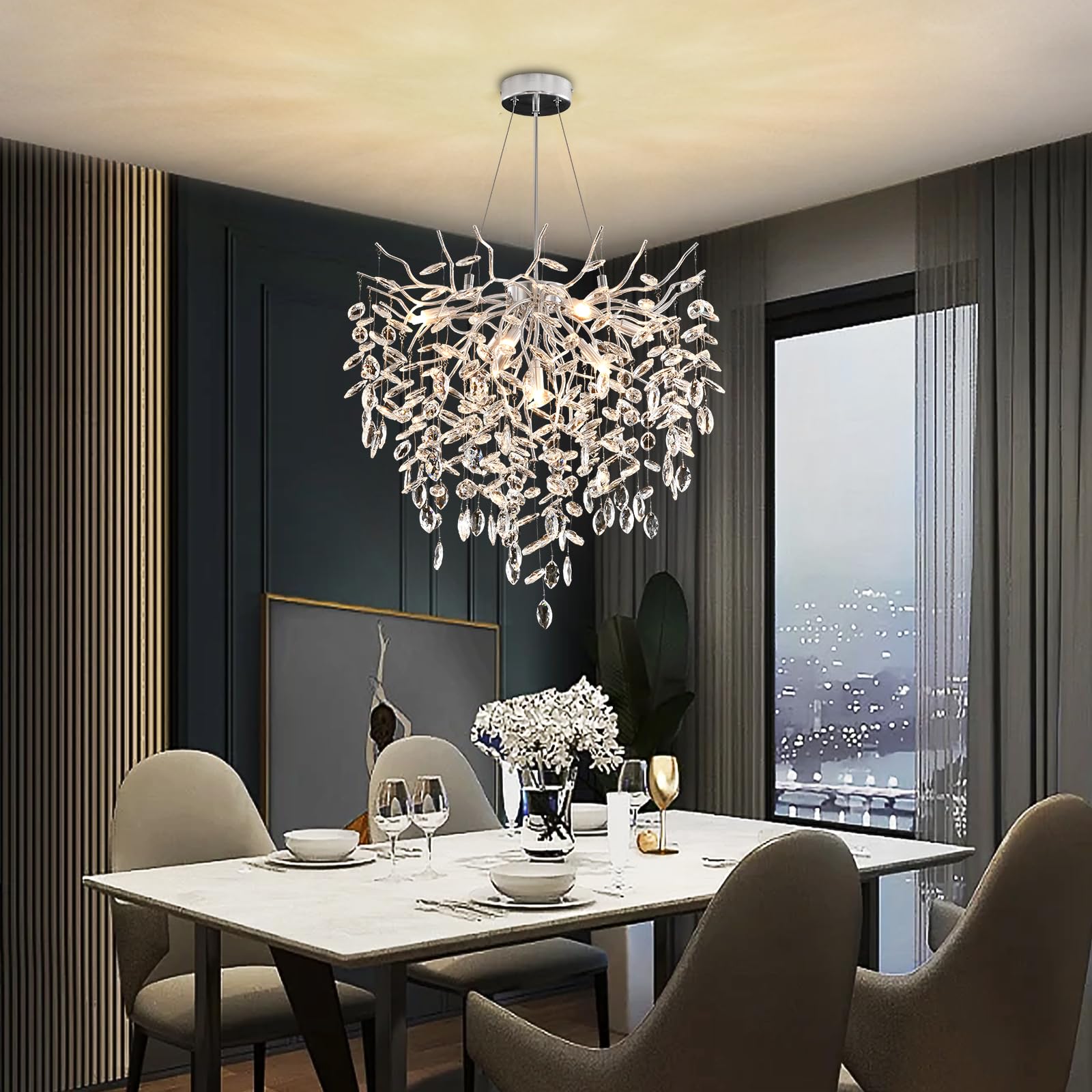 Modern Kronleuchter Kristall Golden, Große Luxus Raindrop Pendelleuchte, Rund Kristall Hängeleuchte Light Fixture, Luxury Tree Branch Kronleuchter für Kücheninsel, Esszimmer, 60cm