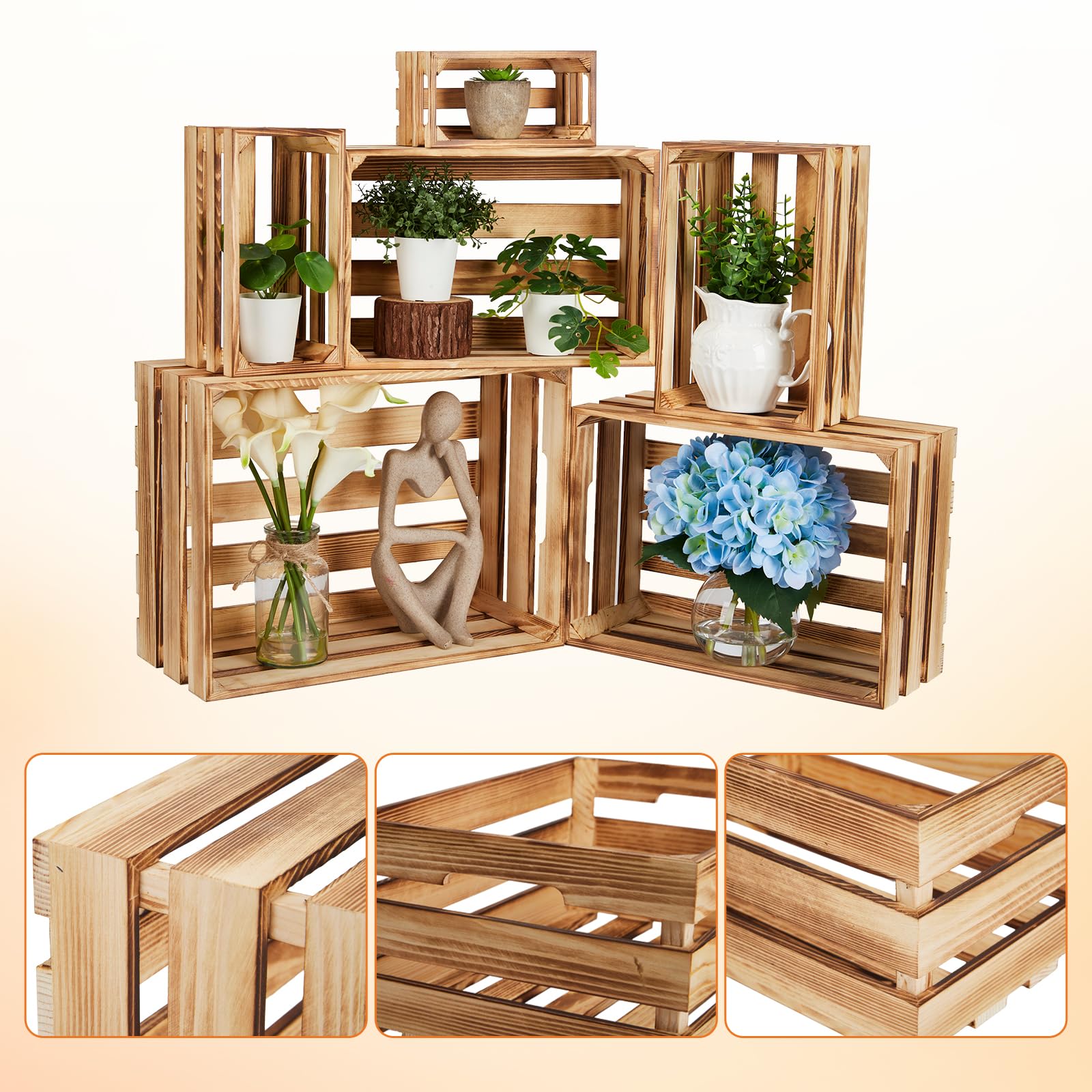 Garvee Burnt Wood Set Of 6 Wooden Crates For Storage, Natural Wood Crates With Torched Finish, Rustic Stackable Crates For Display Organizing, Home Garden Balcony Decor,