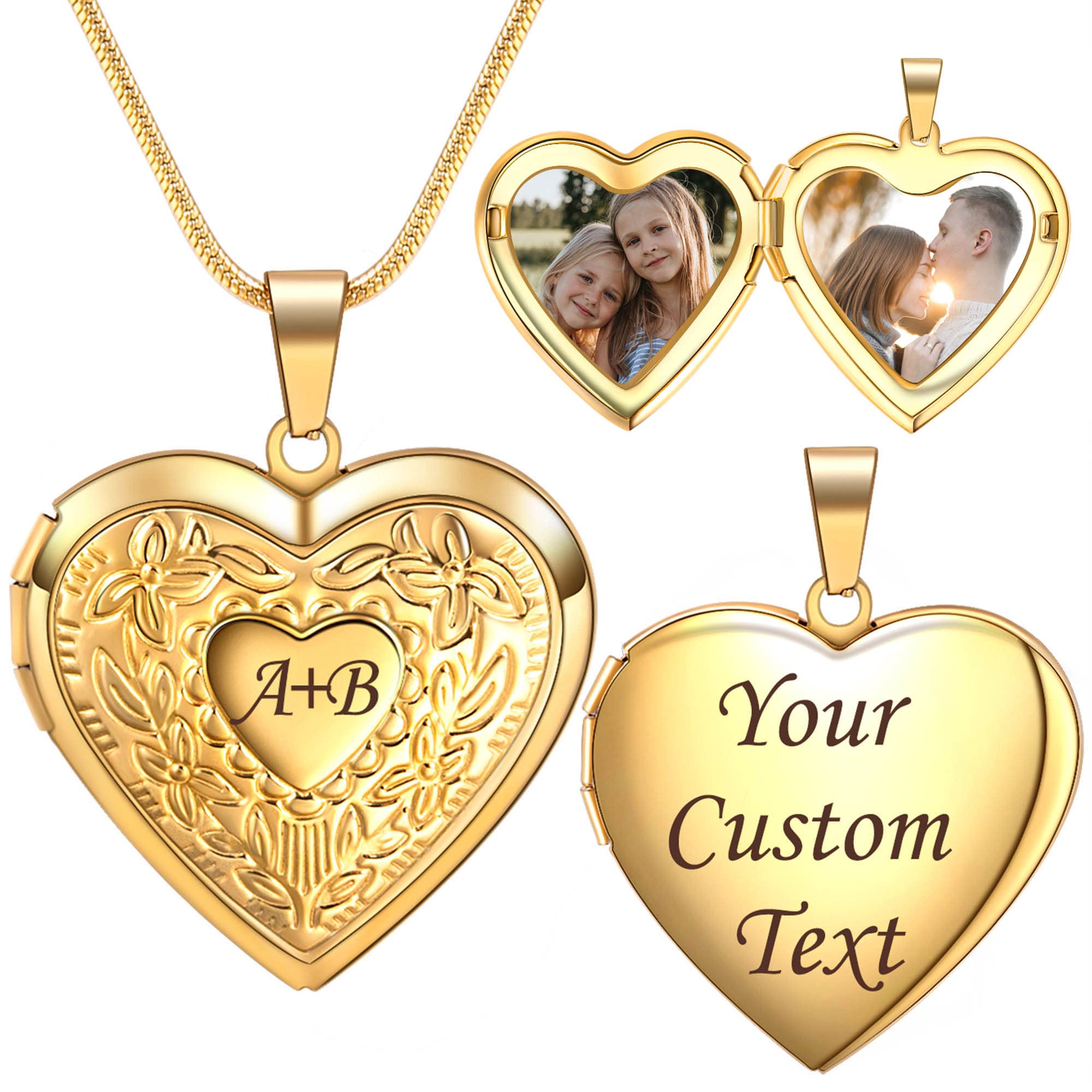 FarfumeCollar de medallón de foto personalizado, collares de medallón de corazón de texto grabado que contienen 2 imágenes de medallones flotantes de memoria vintage para niñas