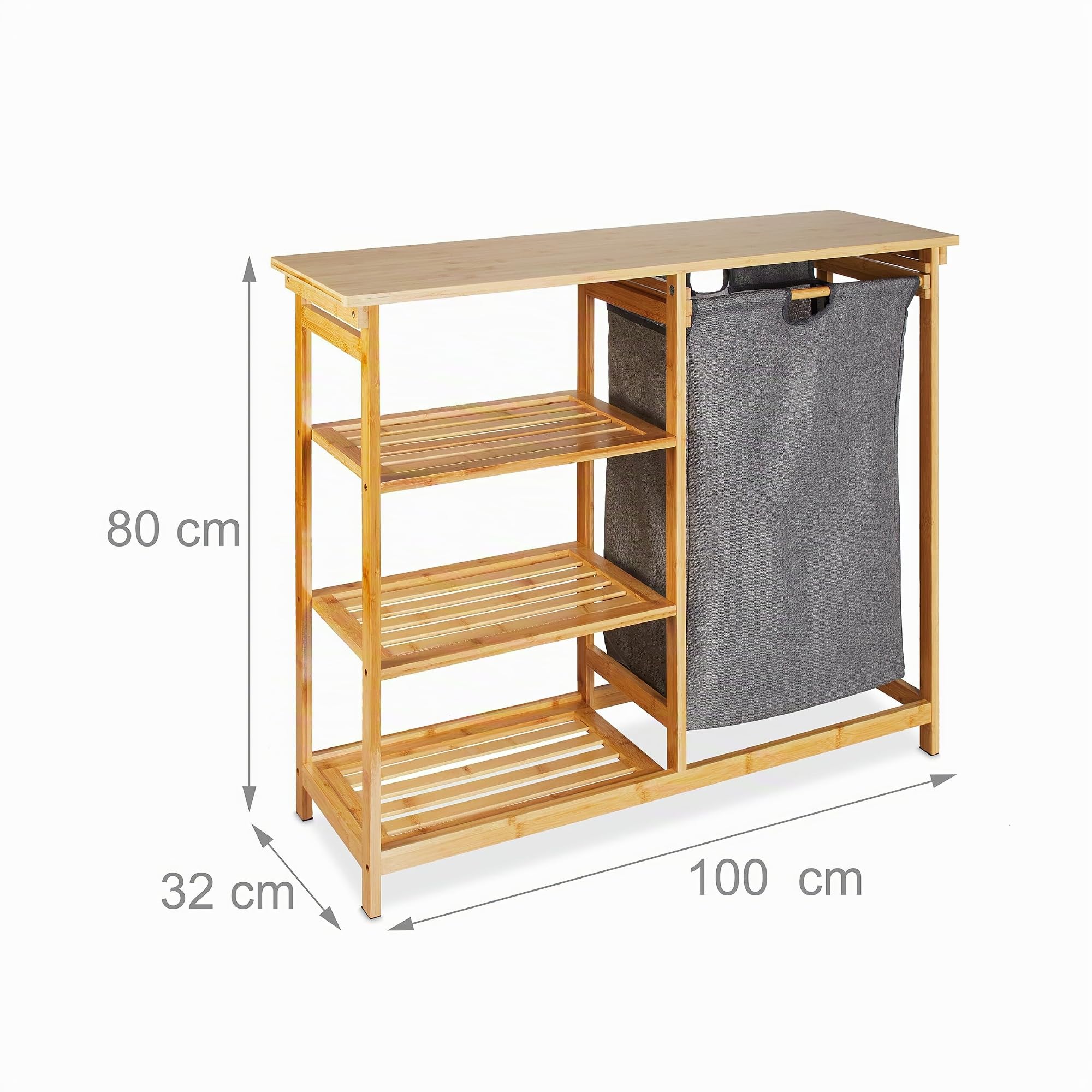 Relaxdays Scaffale Portabiancheria, Mobiletto Bagno in bambù, Sacco Rimovibile e 4 Ripiani, 80x100x32 cm, Marrone