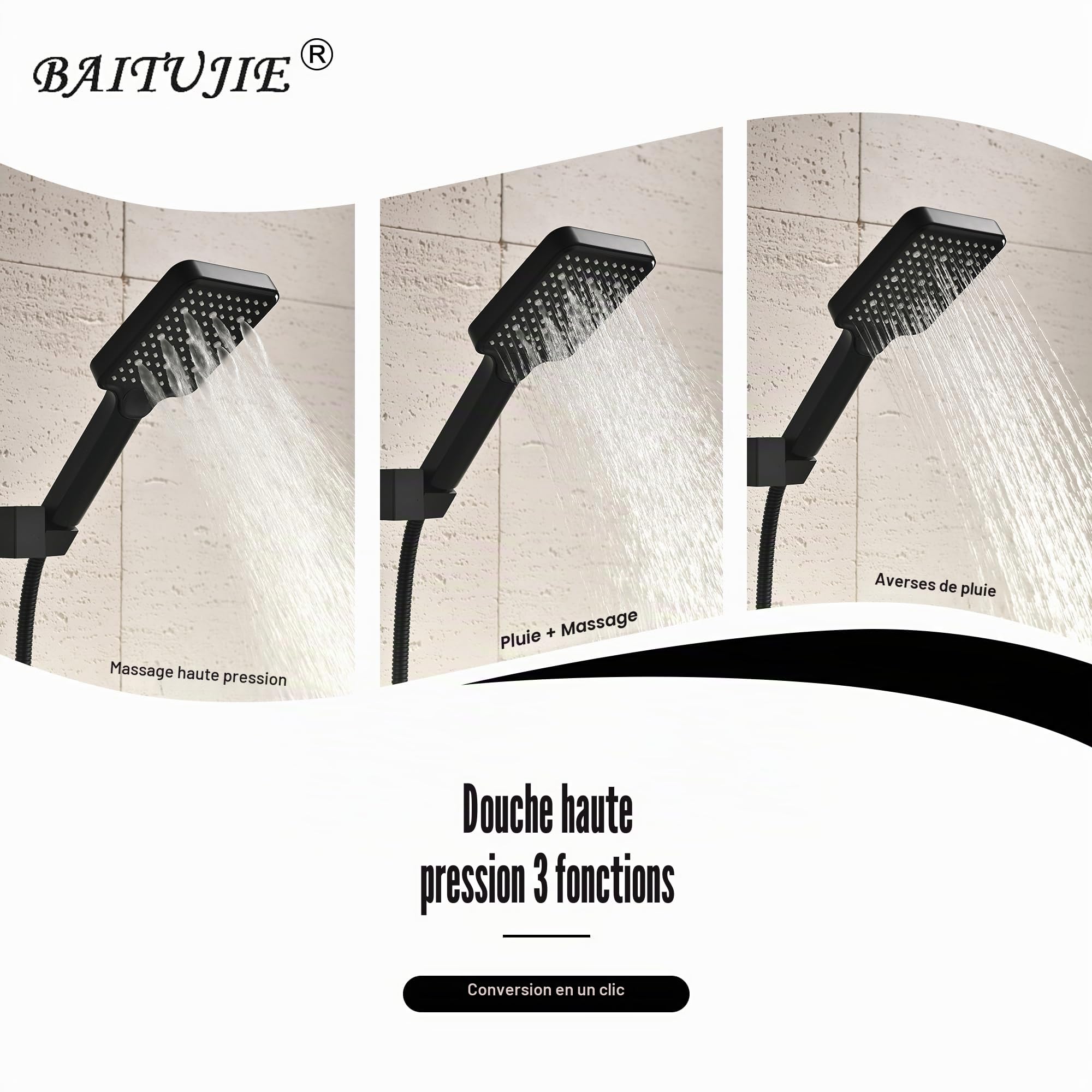 Mélangeur de baignoire avec douche en noir, robinet de baignoire noir en cascade, mélangeur de salle de bain avec interrupteur pivotant à 90°, avec douchette haute pression à 3 fonctions