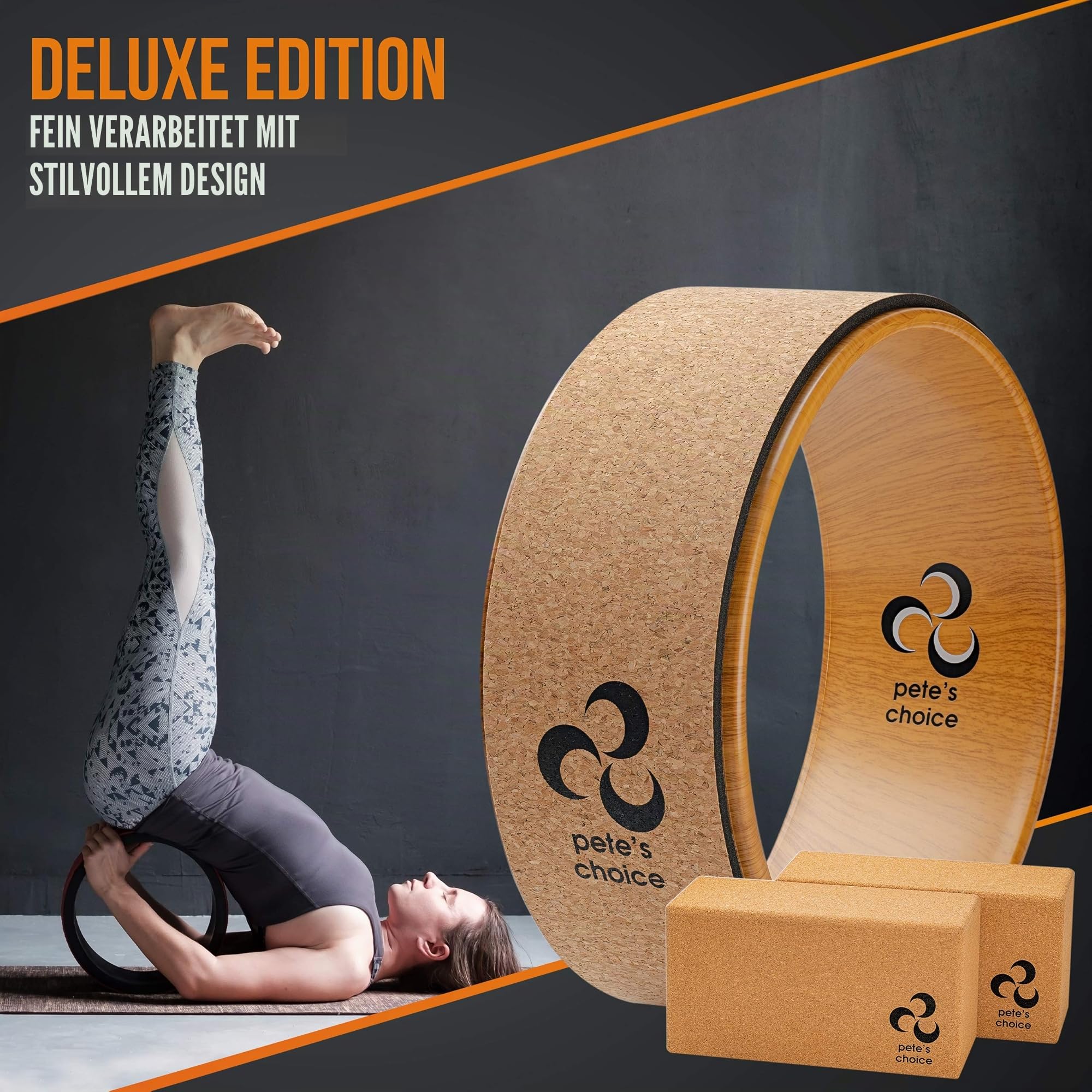 Yoga Rad Holz und Blocks aus Kork - mit Zusätzlichem eBook und Gurt. Extra Feste, Massive Blöcke, Bessere Unterstützung, Natürliches und Umweltfreundliches Fitness Zubehör