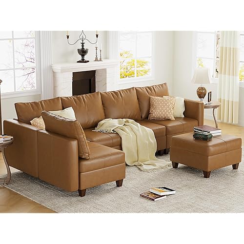 EASE MOOSE Faux Leather Modular Sectional Couch with Storage Seats, Faux Leather Sectional Modular Sofa,Brown
