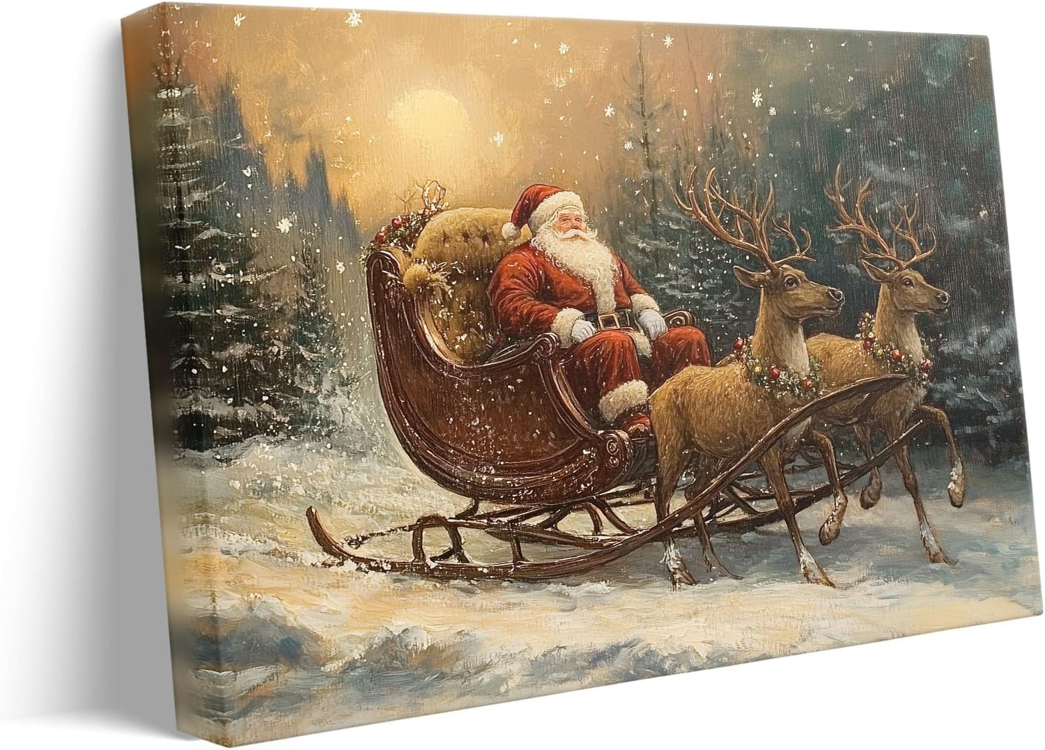 Arte de pared decorativo de Navidad, lienzo enmarcado vintage póster de reno de Papá Noel, paisaje de Navidad, pintura al óleo, imágenes retro,