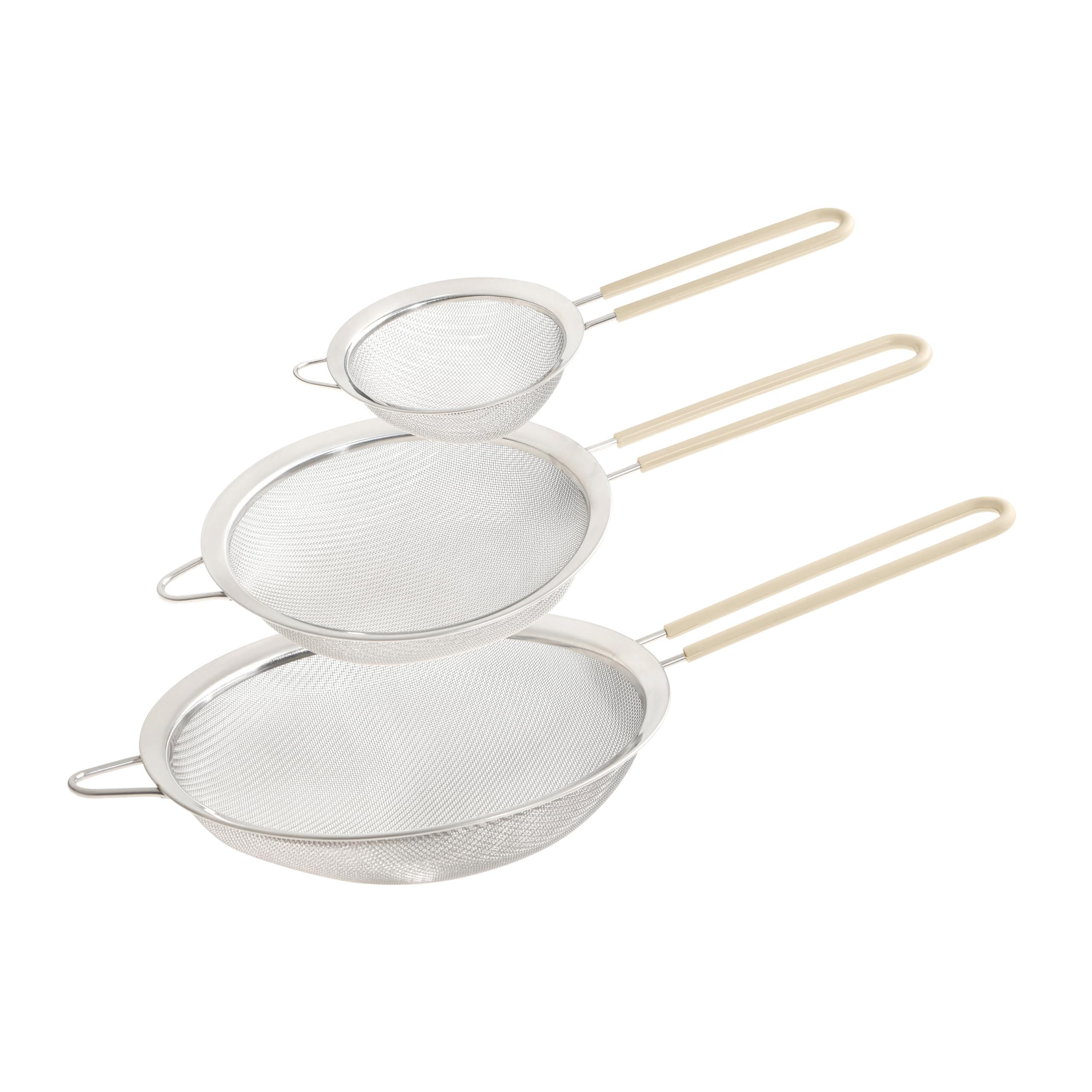 Wiltshire Set of 3 Sieves, Stainless Steel Fine Wire Mesh Strainer with Non-Slip Silicone Coated Handle, Colander & Sifter, Sift Strain Drain & Rinse, 10cm 15cm & 20cm, Dishwasher Safe, Biscotti