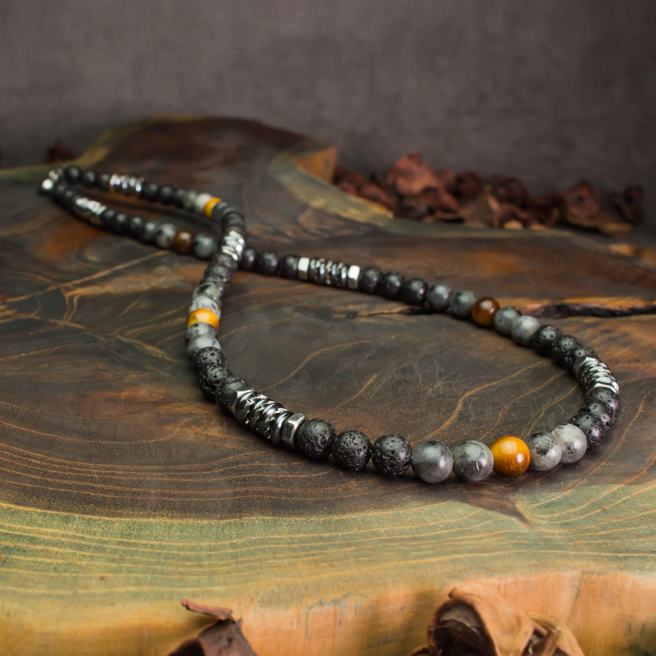 Collier Homme perles 6mm pierre naturelle Œil Tigre Larvikite Labradorite gris mat Lave Volcanique noir rondelles Hématite métal INOX fabriqué en France COLLITEF12