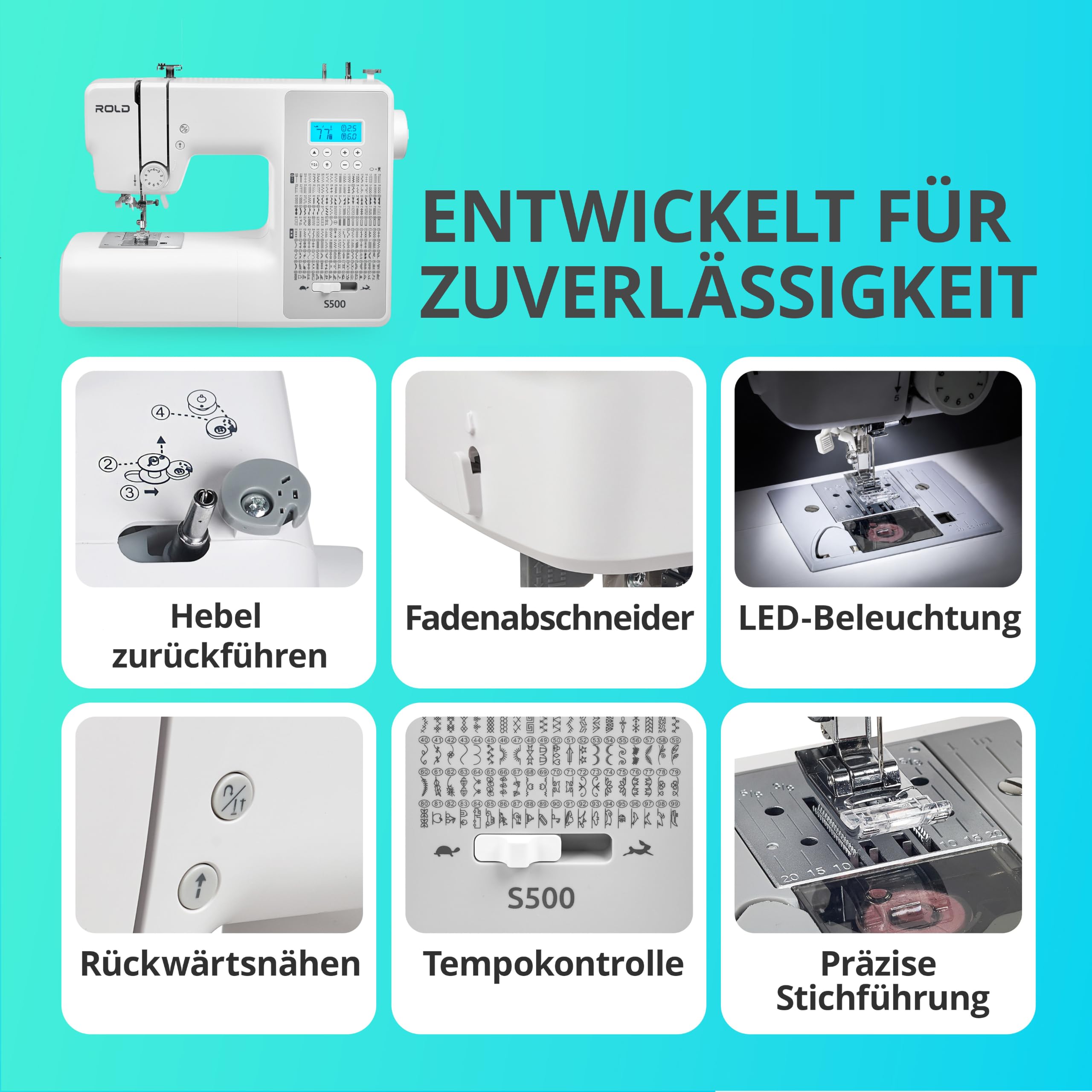 ROLD S500 Computer Nähmaschine mit 300 Stichen zum Nähen aller Arten von Stoffen | Freiarm Computer-Nähmaschinen, Einfädelautomatik (Neues Modell)