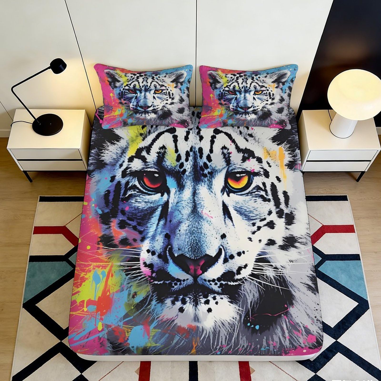 3D Printed Colorful Tiger Fitted Sheet Microfiber Soft Breathable Wild Leopard Bed Cover for Bedroom Dorm Mattress Protection Decor 140x200x25cm