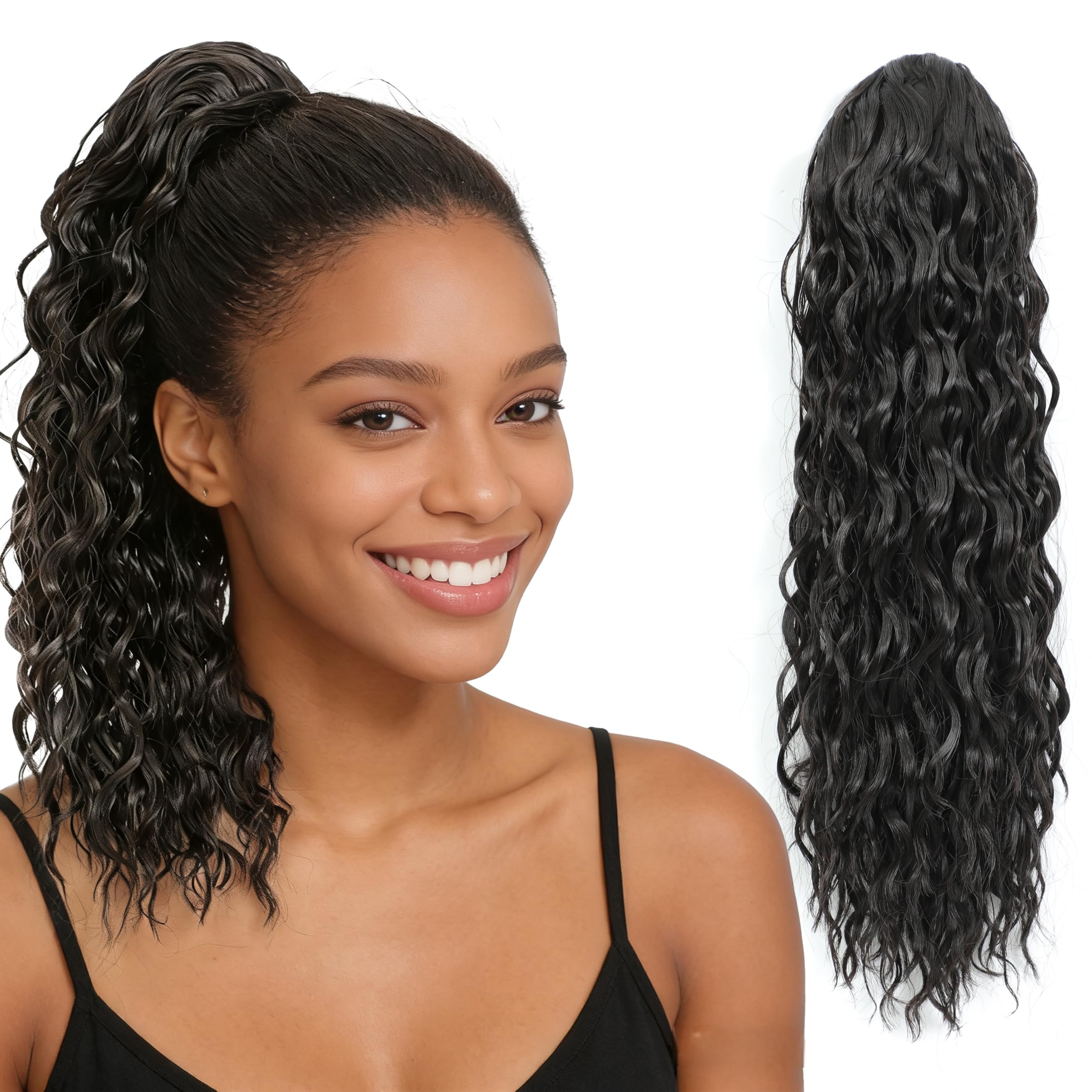 Photo 1 of LQPGSZBTF 16 Inch Dark Brown Water Wave Drawstring Ponytail for Black Women, Synthetic Hairpiece, Curly Wavy Extension, Natural Looking & Easy to Install for Daily Party Use