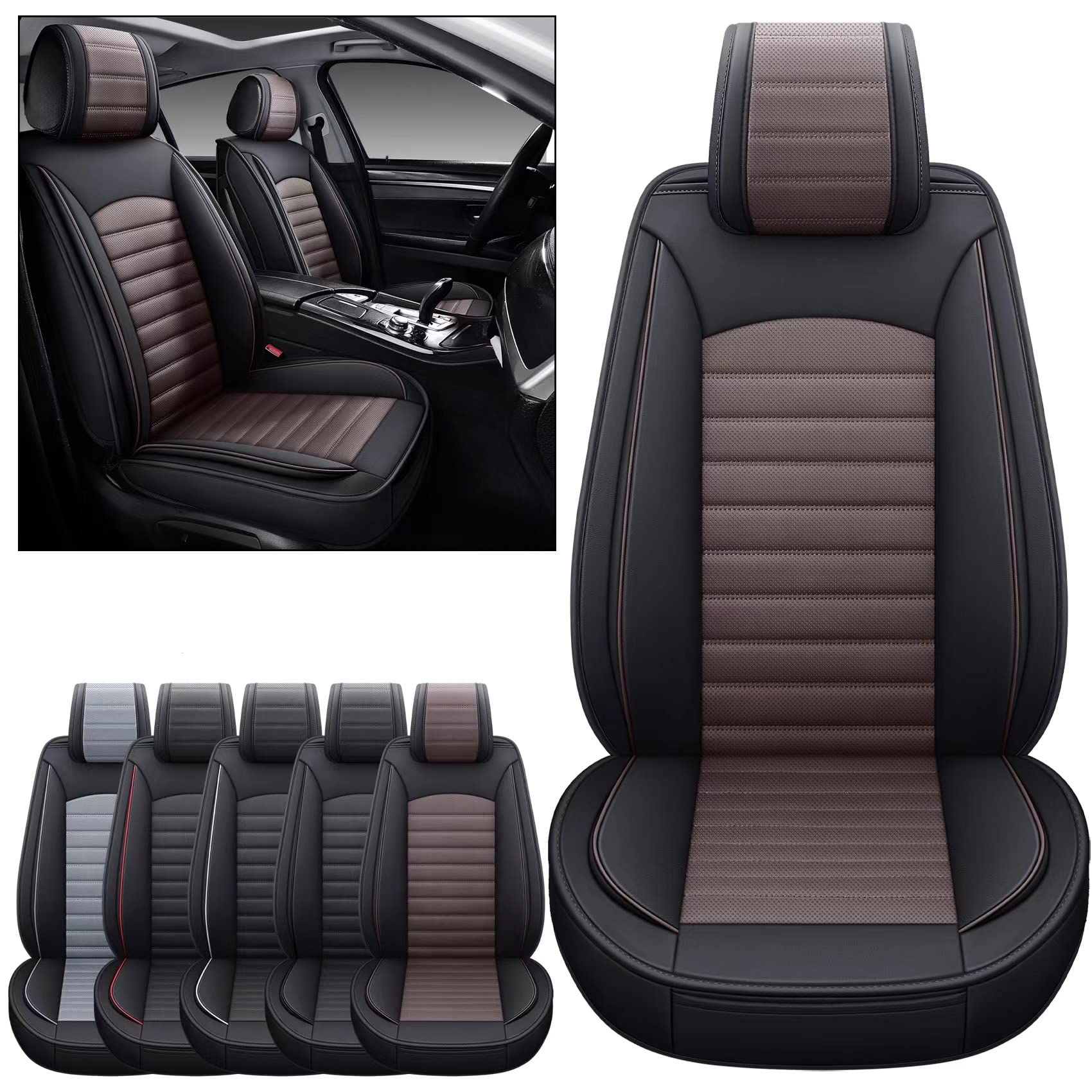 Photo 1 of OMOKA AUTO Car Seat Covers with Waterproof Leather,Vehicle Cushion Cover for Cars SUV Sedan Pick-up Truck Universal Fit Set for Most Cars (Black-Coffee, 2 PCS Front Seat) 