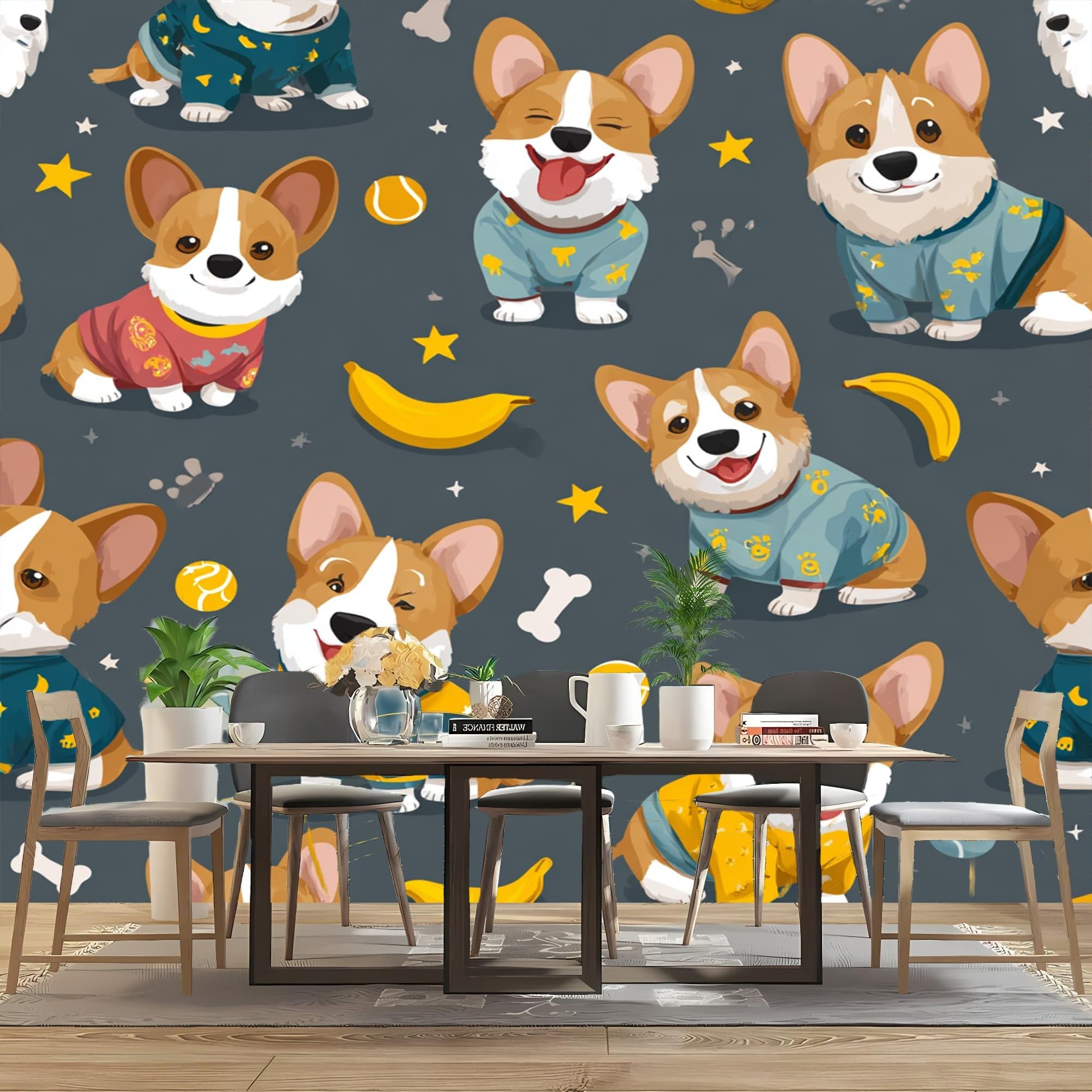 Fototapeta z włókniny, 400 x 280 cm, urocza tapeta ze zwierzętami Corgi, wodoszczelna, druk artystyczny, dekoracja ścienna, szara, fototapeta do sypialni, pokoju zabaw, kuchni, dekoracja domu, tatuaż