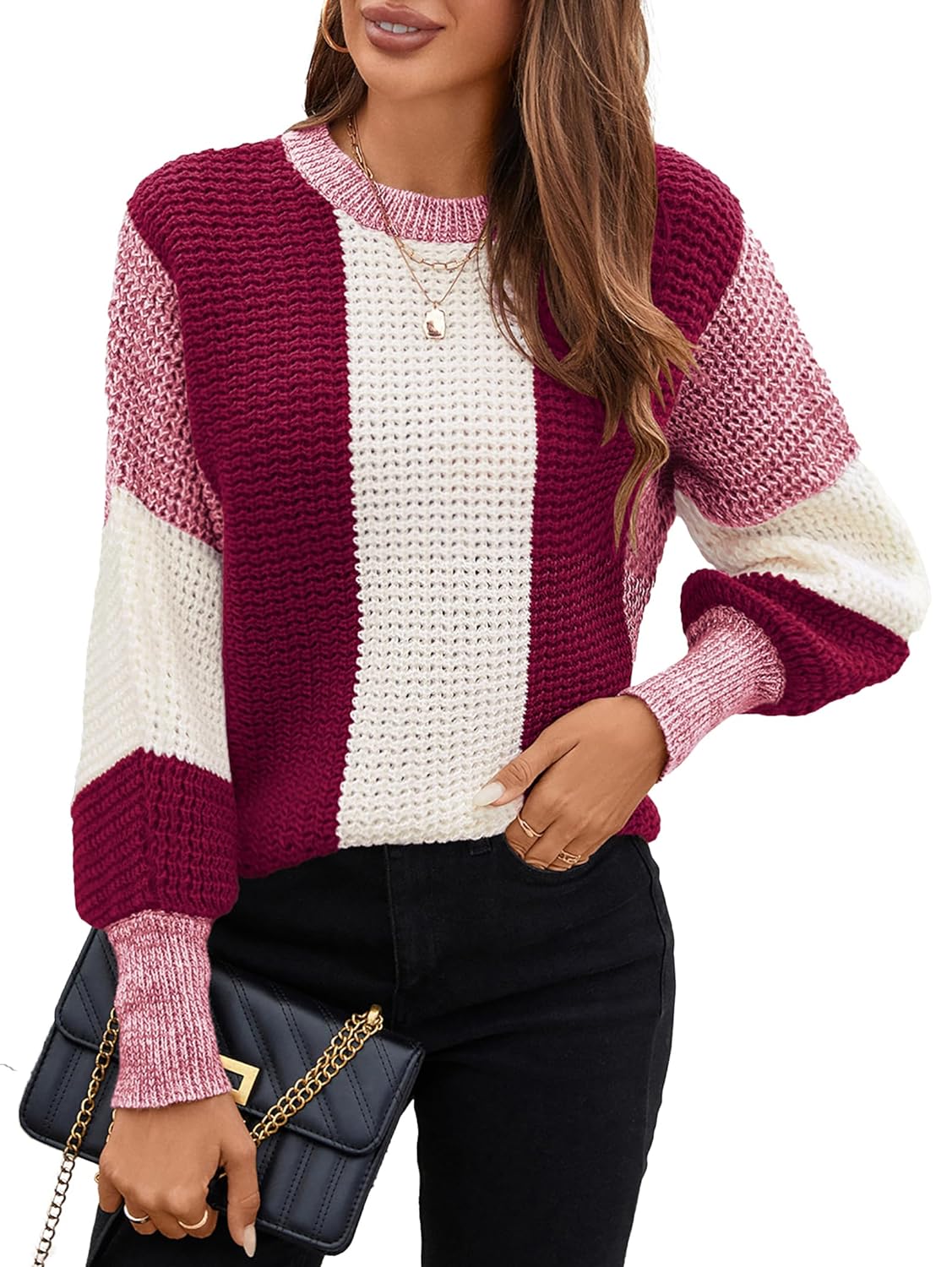 SunnyMelody Womens Cute Color Block Puff Sleeve Sweater Winter 2025 Ladies Trendy Crew Neck Knit Pullover Tops