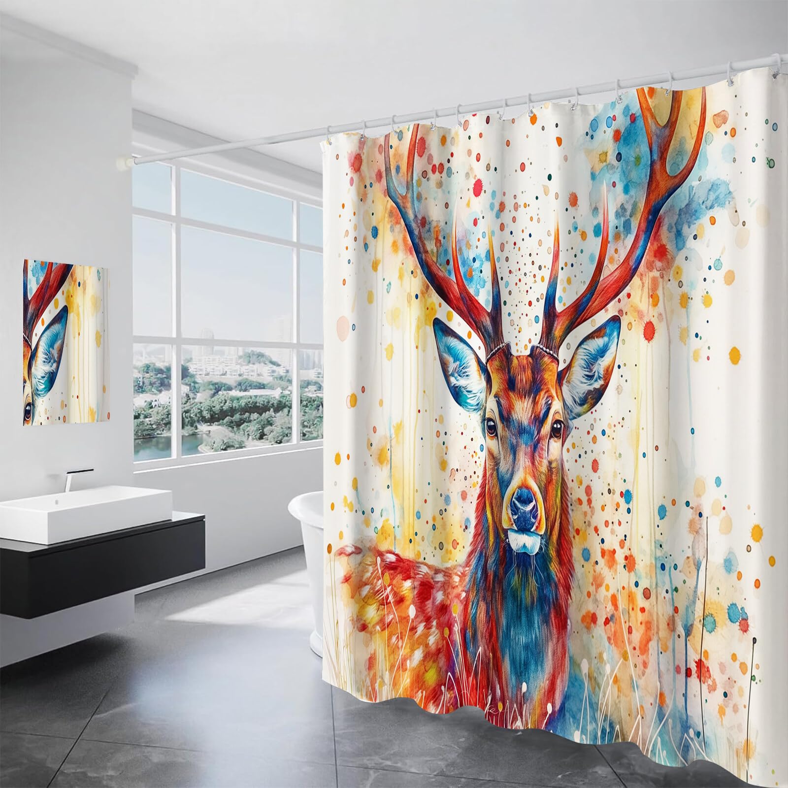 Rideau De Douche Magnifique Cerf Peint Animaux De Portrait Rouge Rideau De Bain Tissu Polyester Anti Moisissure Imperméable Lavable Rideaux Salle De Bain avec Crochets