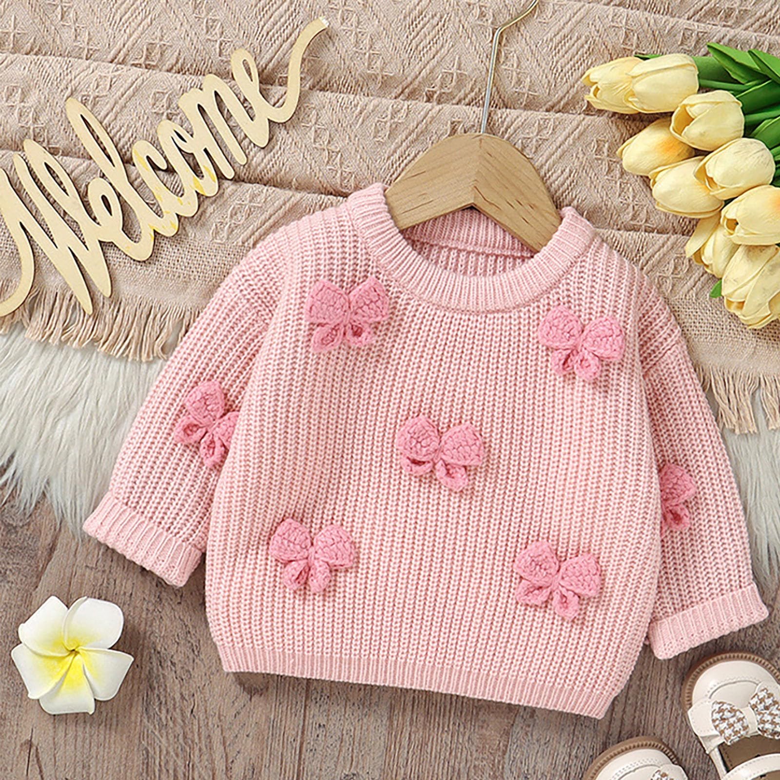RNTOP Baby Girls Boys Knit Sweater Pullover Toddler Crewneck Long Sleeve Jumper Handmade Bow (Pink, 6-9 Months)