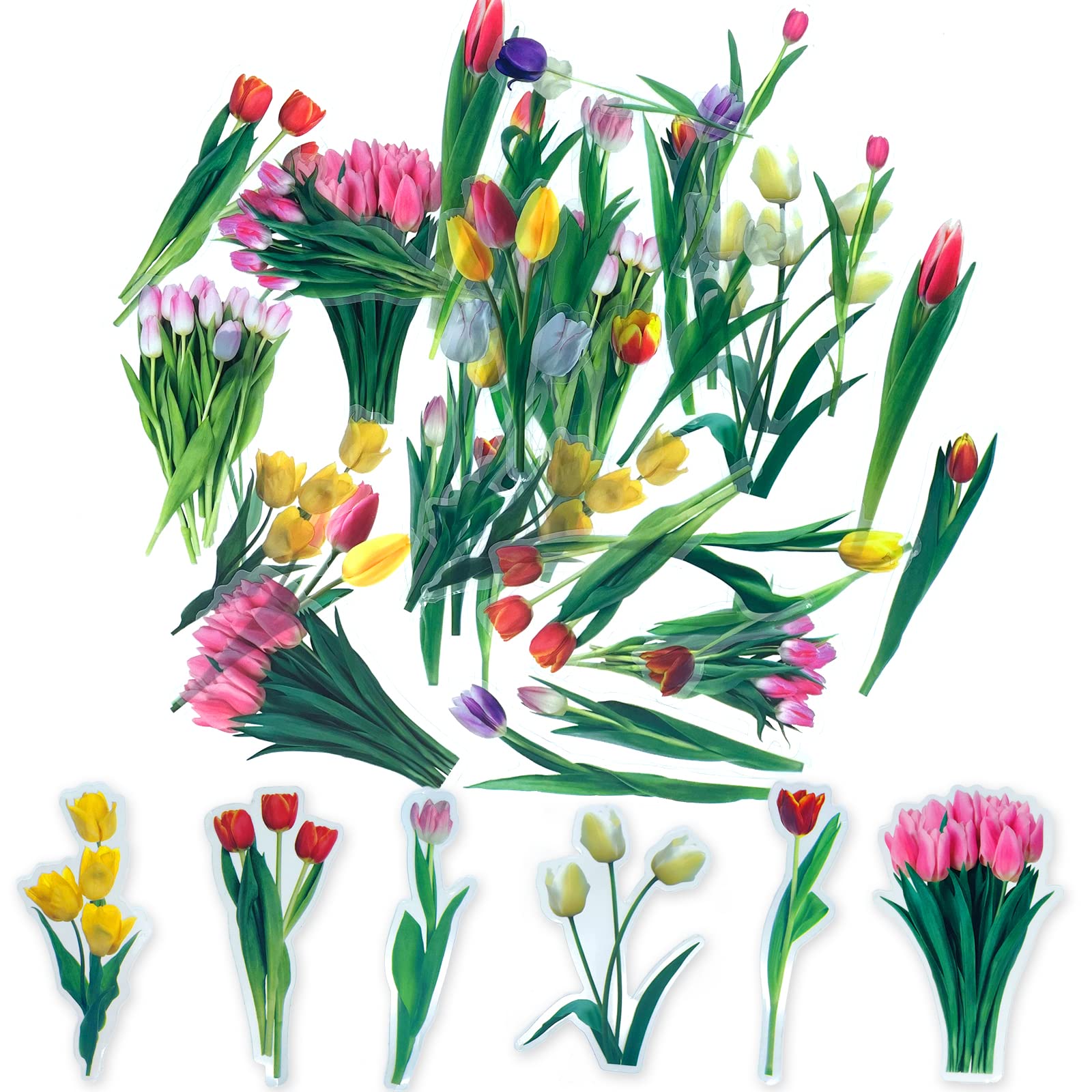 ExceLifeRetro Floral Stickers Set, Self-Adhesive PET Transparent Waterproof Flower Stickers for Scrapbooking, Journal, Album, Phone Case, Laptop, Card Making, 40Pcs (Tulip)