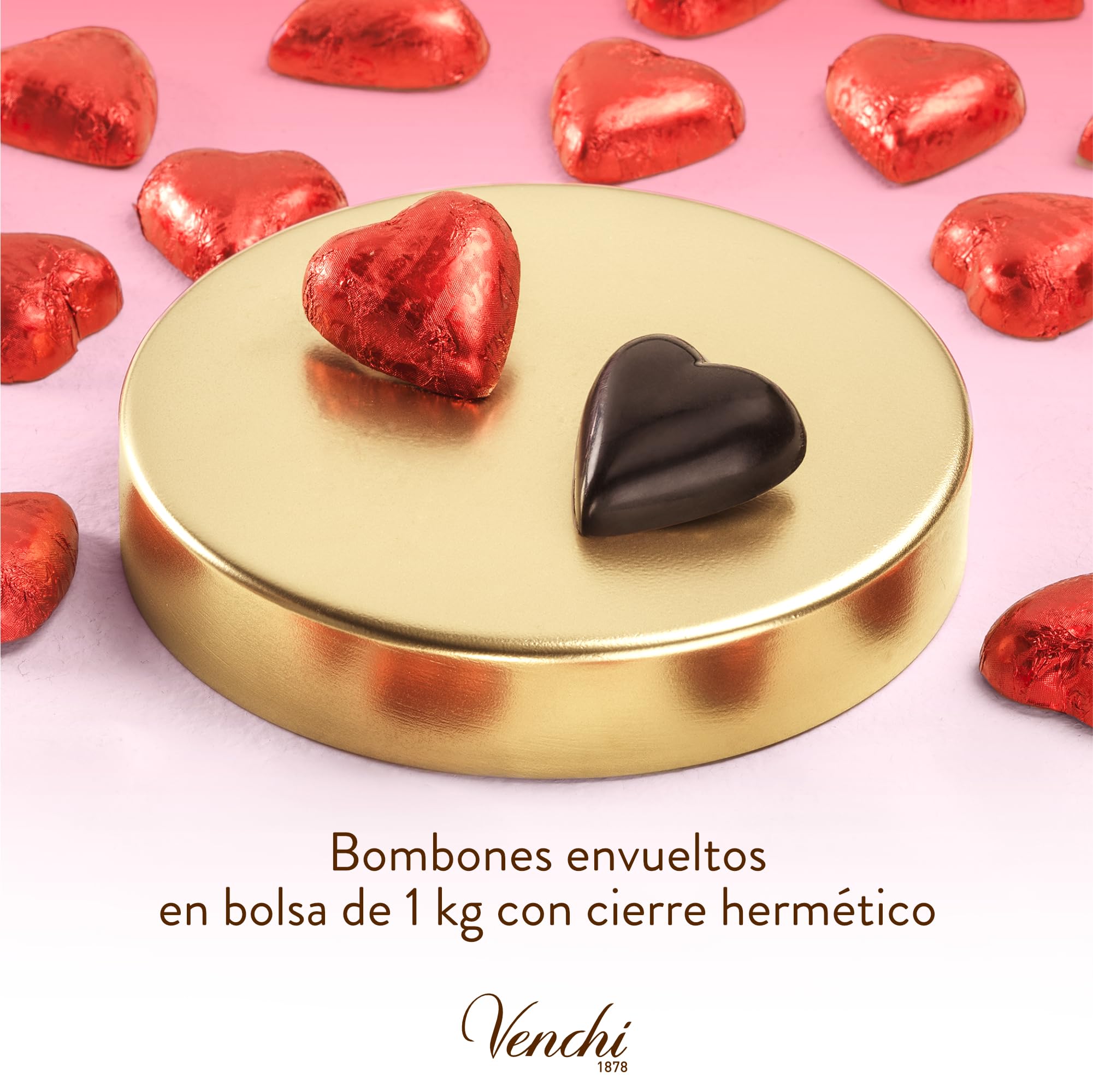 Venchi - Bombones Valentine Extra Fondant 75%, 1 kg - Bombones en forma de corazón - Sin gluten - Vegano