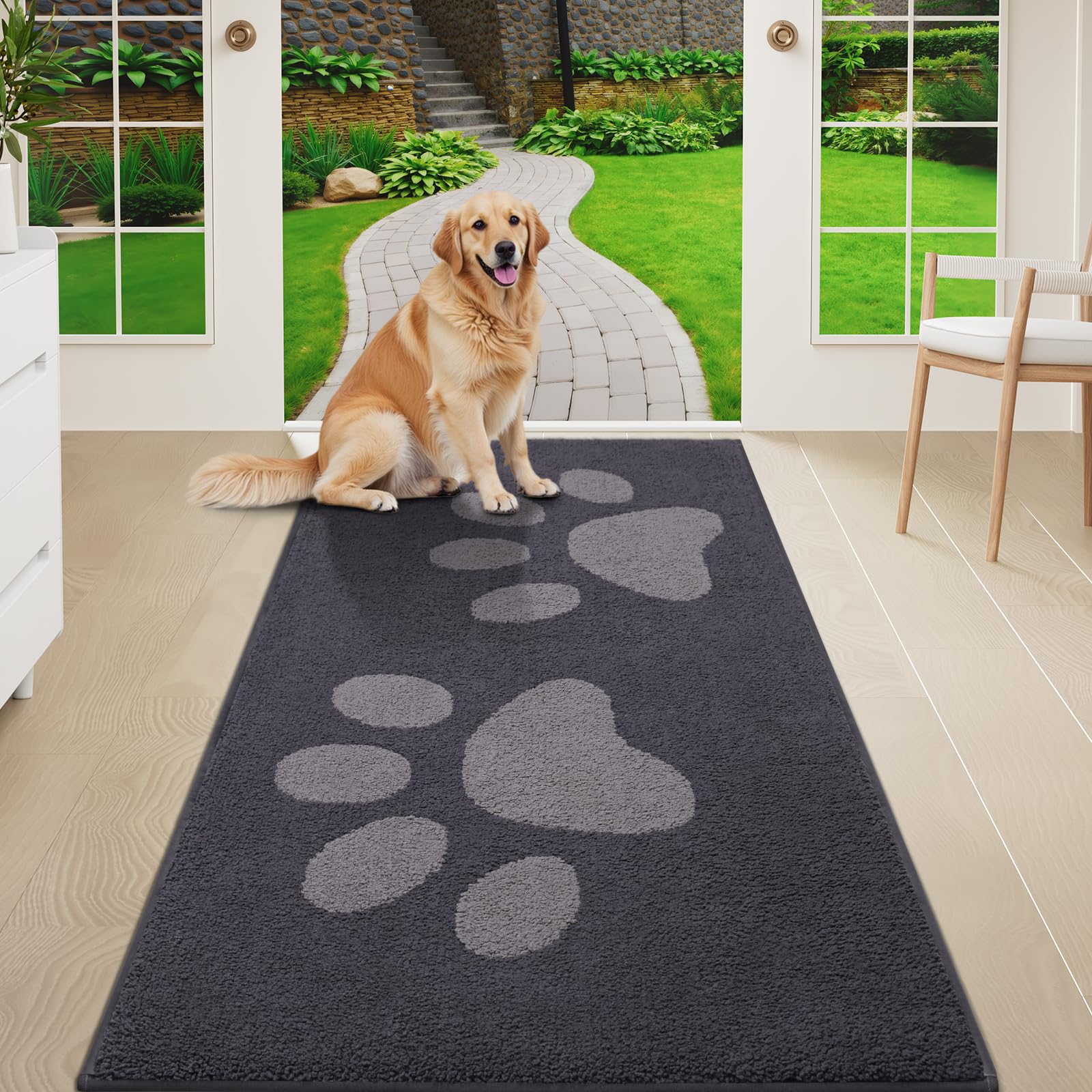 Buganda Dog Door Mat for Muddy Paws, Absorbent Dirt Trapper Washable Indoor Doormats, Non Slip Low-Profile Mud Mat for Dogs, Front Entrance Doormat