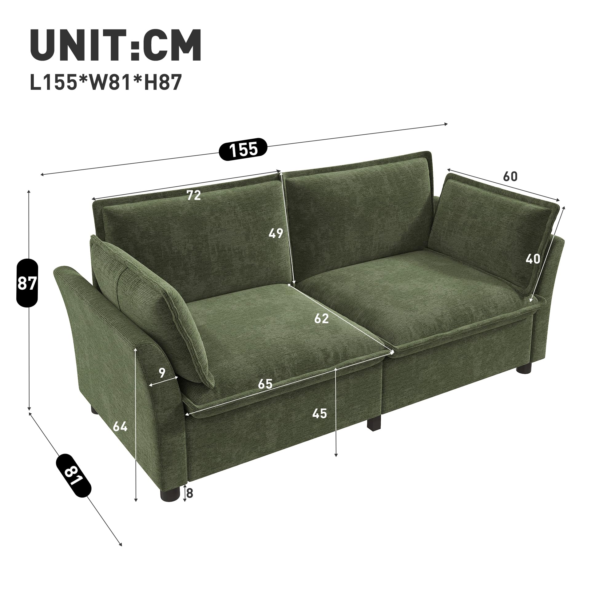 BTM Modern Cloud Sofa 2 Sitzer Couch Klein mit Armlehnenkissen Loveseat für Wohnzimmer, Kleine Räume, Wohnung, Dunkelgrün