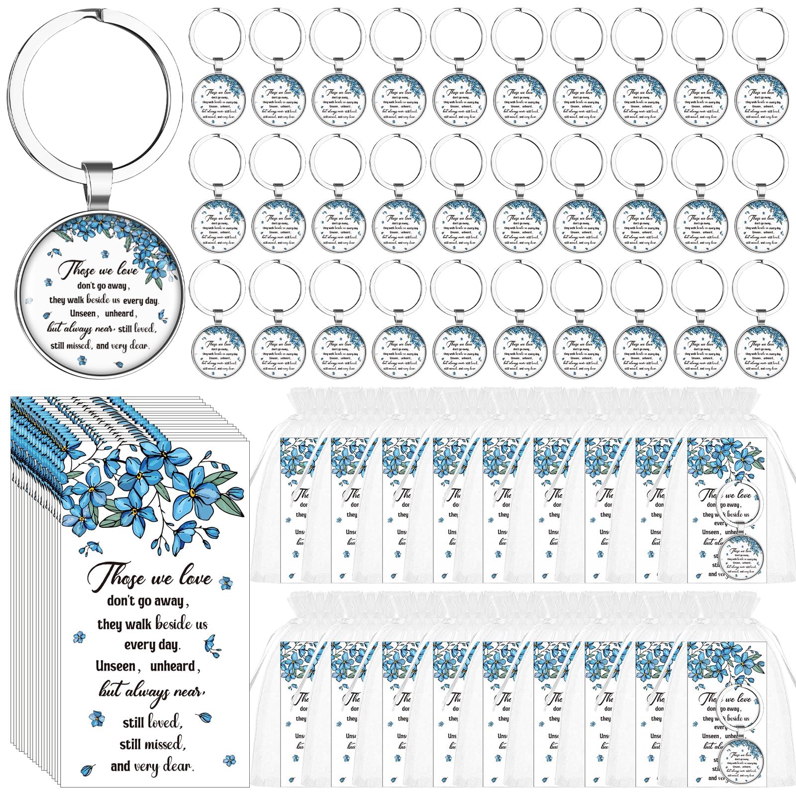 CNSJ Forget Me Not Memorial Keychain Funeral Favors with Flower Key Ring Bulk Remembrance Cards Organza Bags for Loss of Loved One Memorial Service Guests Keepsakes (30)