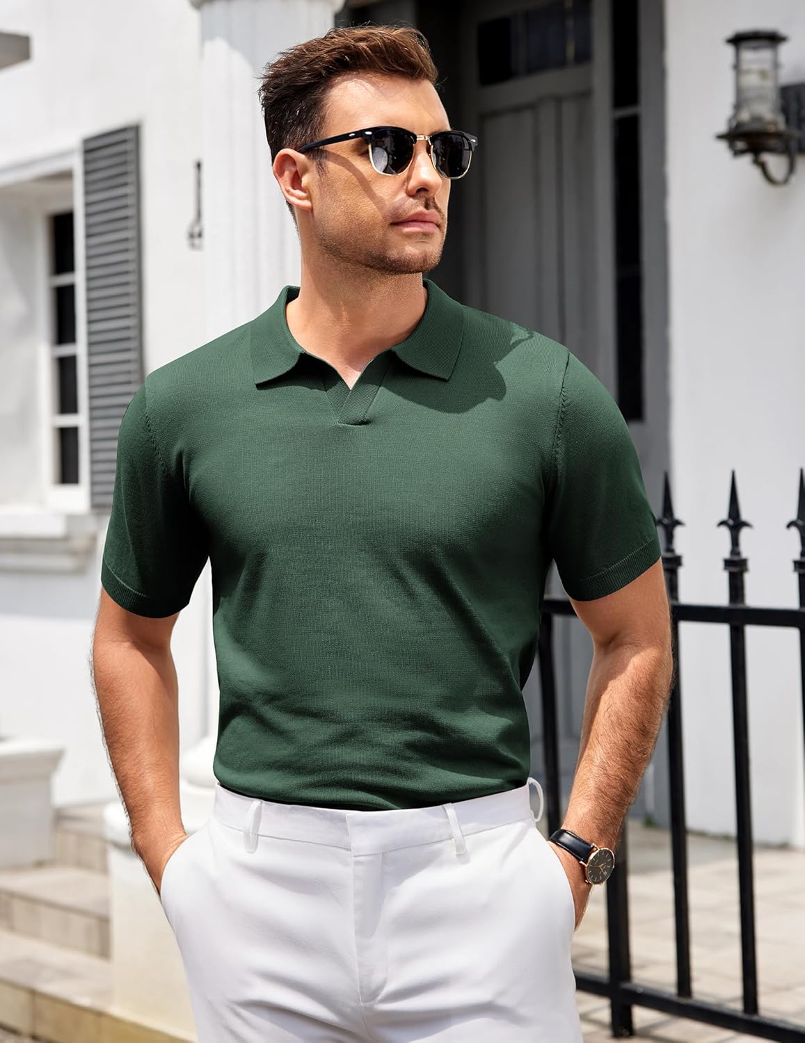 COOFANDY Men's V Neck Short Sleeve Stretch Knit Polo Shirt - Image 3