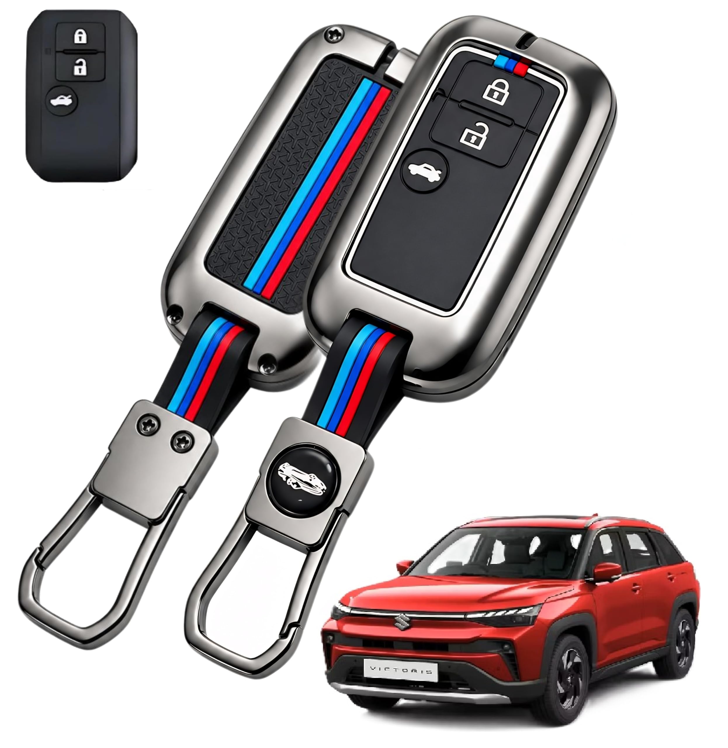 Premium Metal Key Fob Cover for Maruti Suzuki Victoris, 3-Button Dot Remote Case Shell, Heavy-Duty Zinc Alloy Protective Armor in Metal Black with Silicon Keychain-image-25
