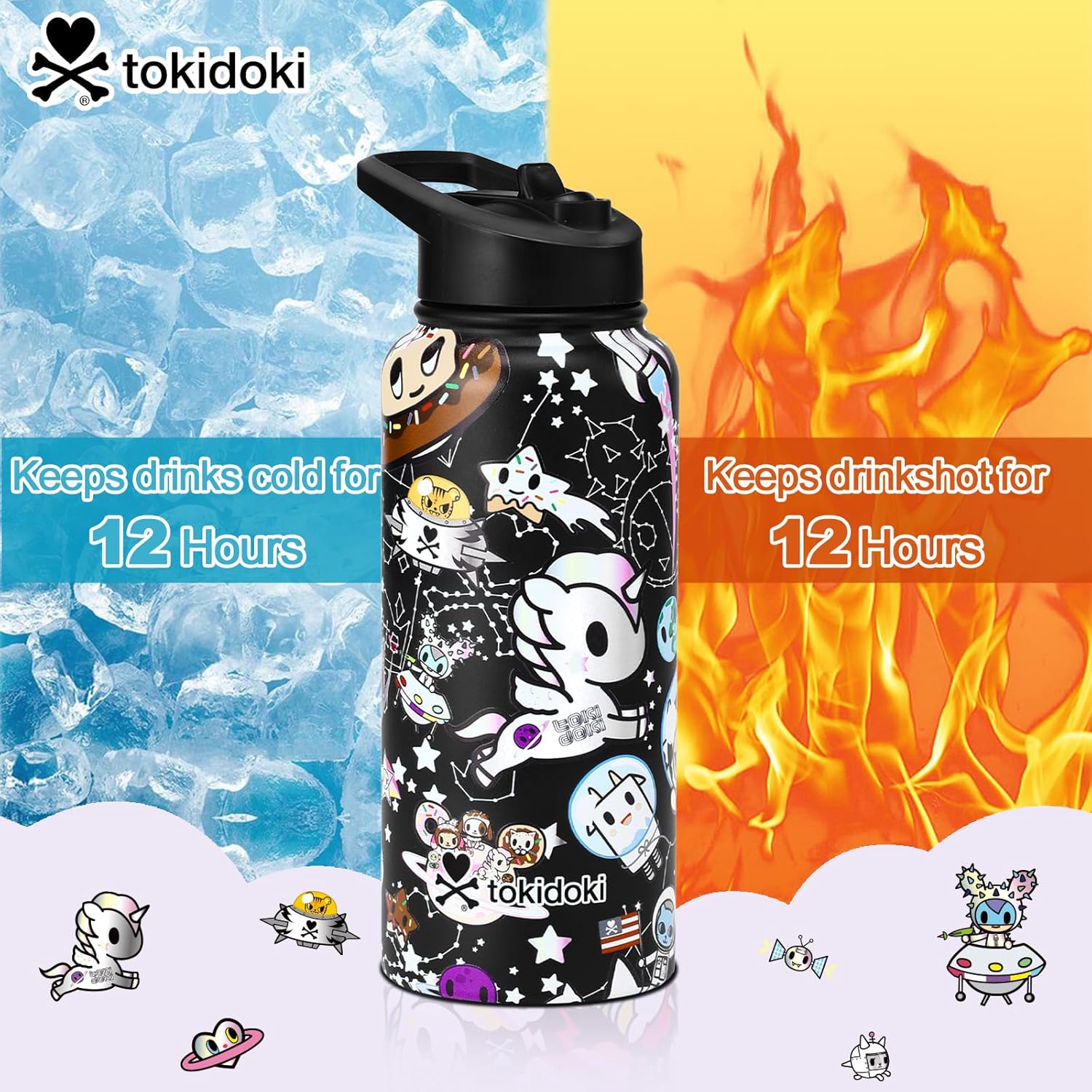 Tokidoki Unicorno Bottle 32oz Insulated Stainless Steel Water Bottle Reusable Vacuum Insulated Water Bottle Tumbler with Leak Proof Flip Bottle for Travel Office Gym (space) - Image 4