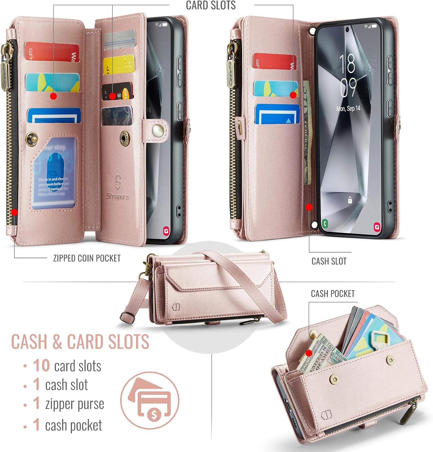 Strapurs Wallet Case Compatible with Samsung Galaxy S24 FE 5G RFID Blocking 10-Card Holder Soft PU Leather Magnetic Snap Strap Zipper Pocket Phone Case Fit for Galaxy S24 FE 6.7" - Rose Gold
