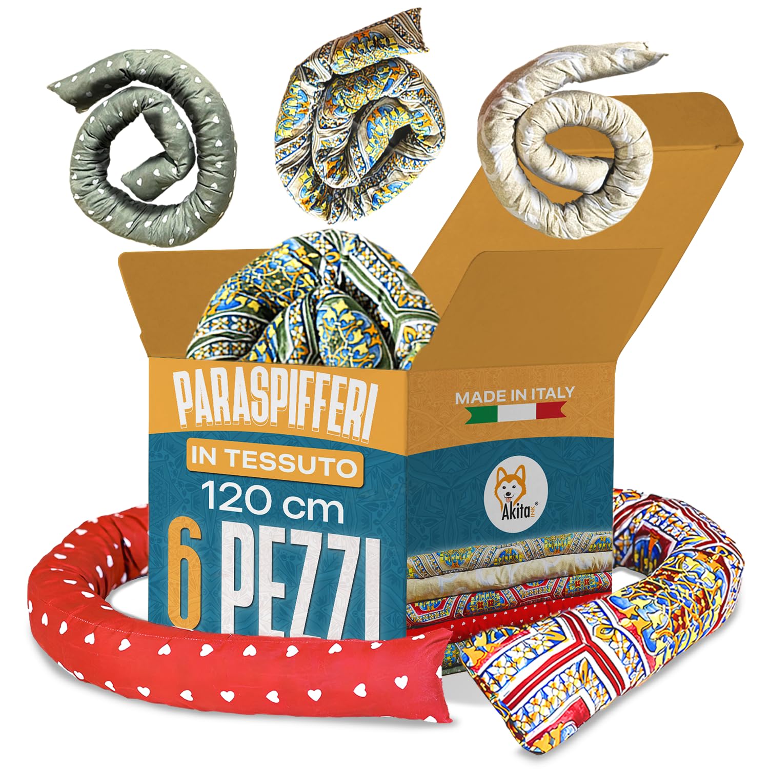 Akitaink Set 6 Paraspifferi in cotone, paraspifferi sottoporta, Parafreddo Imbottiti per Porte e Finestre, 120 cm, Made in Italy - Risparmio Energetico e Protezione Completa
