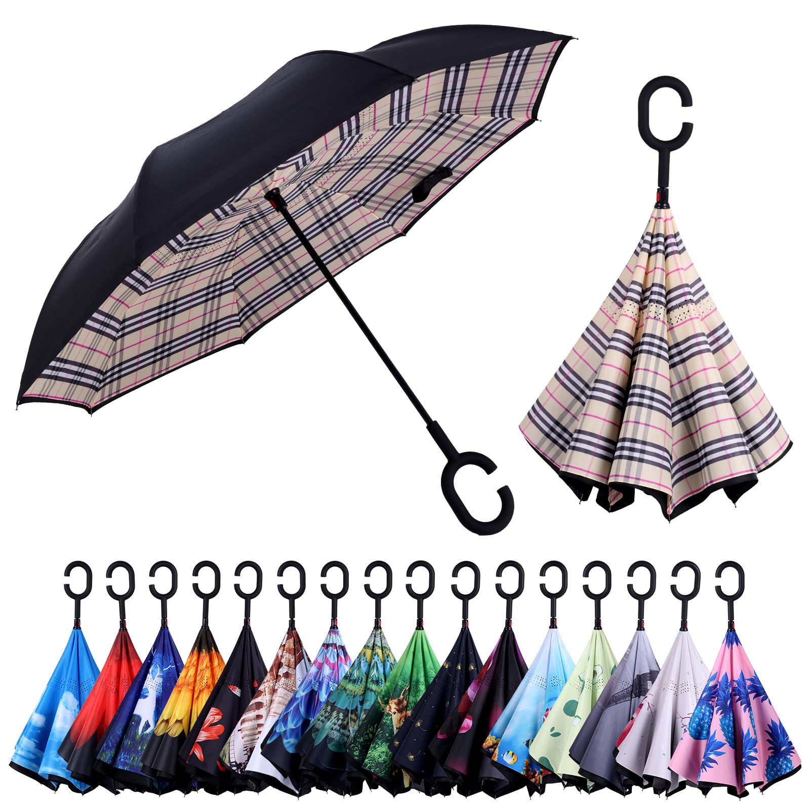 Inverted Umbrella, 49 Inch Double-Layer Vented Reverse Umbrella, Windproof Waterproof UV Protection, Lightweight C-Handle, Fiberglass Ribs, Steel Shaft, Travel/Commute/Car Use, With Sleeve