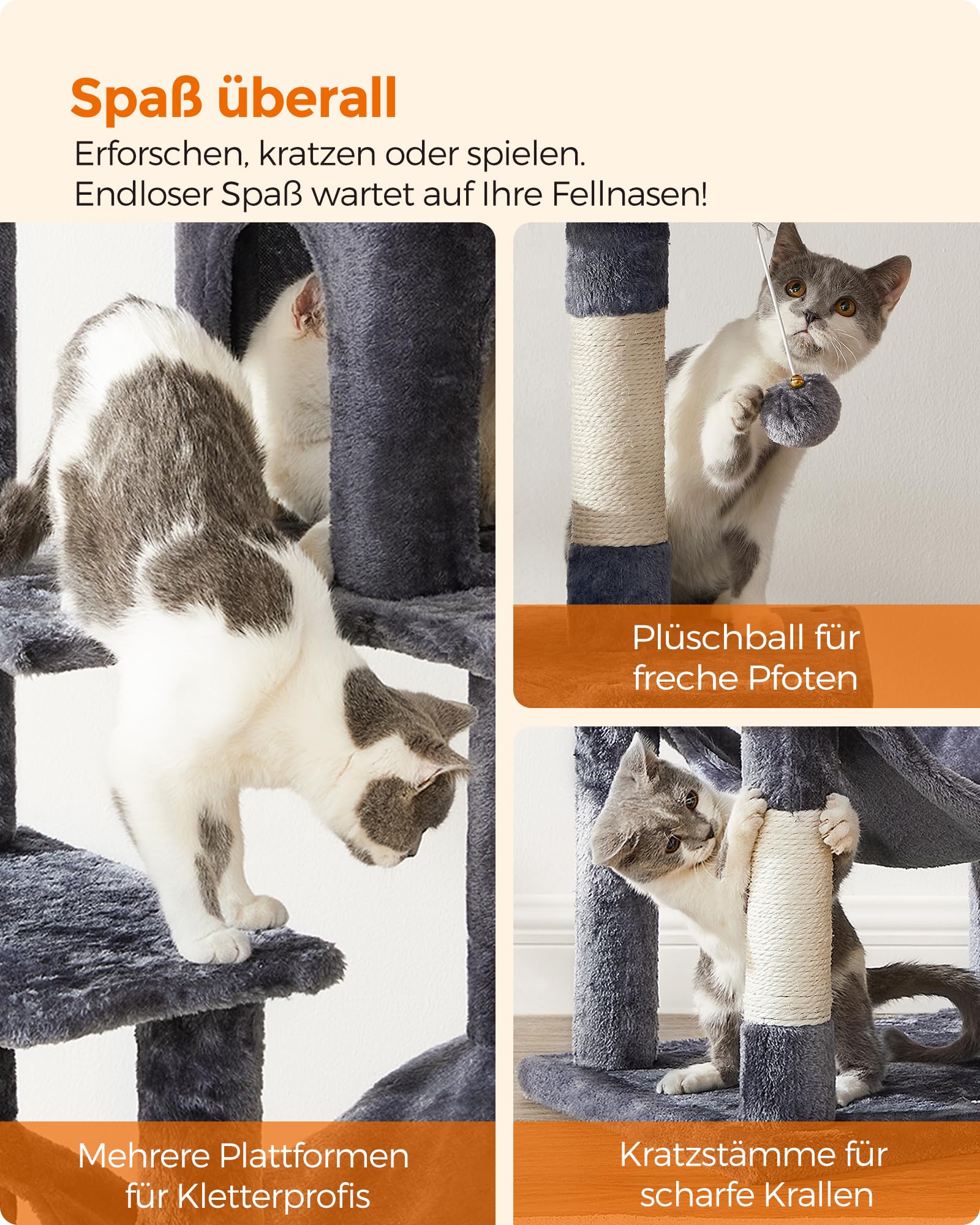 Feandrea Kratzbaum, 143 cm hoch, Katzenbaum, mehrstöckiges Katzenhaus, mit 4 Kratzsäulen, 2 Plattformen, Hängematte, Höhle, rauchgrau PCT161G01