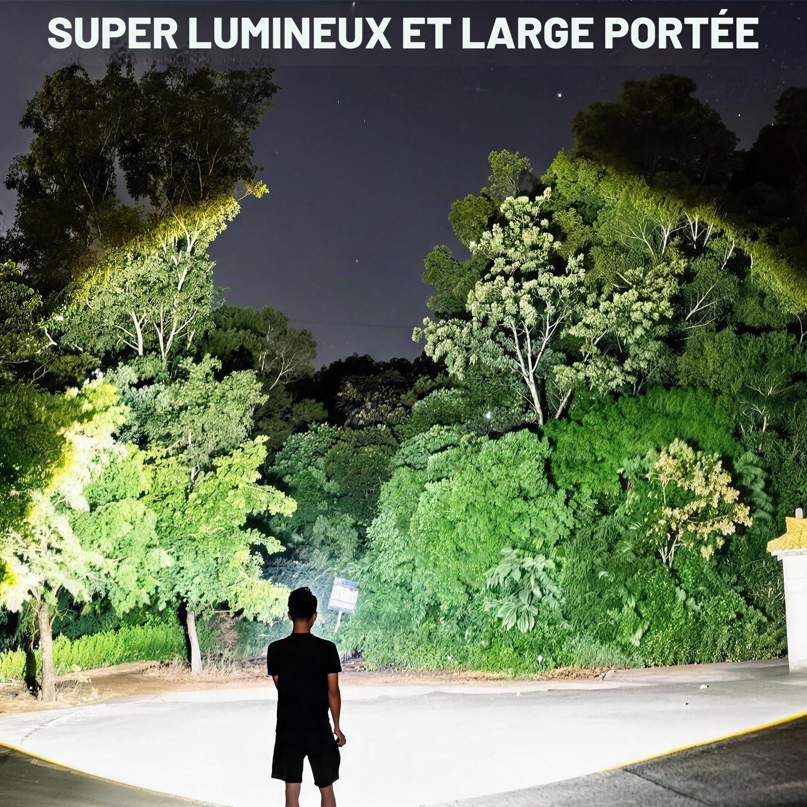 taoquwe Projecteur rechargeable, 200 0000 lm, super lumineux, lampe de poche LED haute luminosité, grand projecteur d'extérieur avec trépied pliable pour bateau, camping, chasse