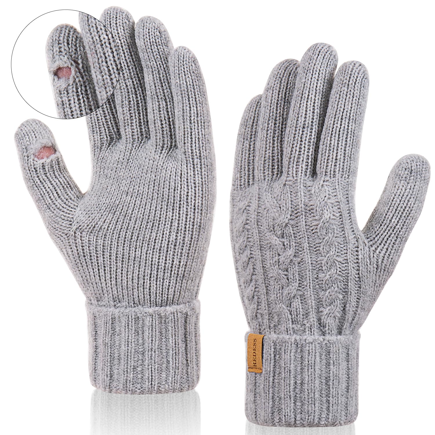 REDESS Winter Cable Knit Gloves Touchscreen Texting Palm Patches Soft Thick Warm Fleece Lined Anti-Slip Gloves for Women