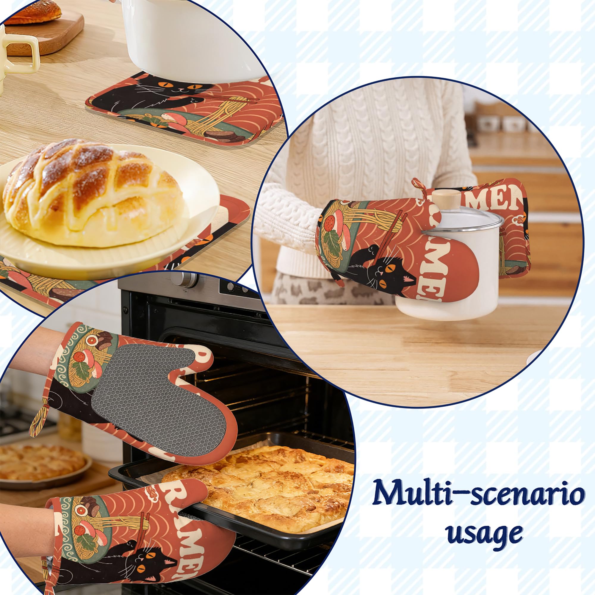 Juego de 4 manoplas de horno y soportes para ollas, diseño de gato negro, juego de 4 guantes largos antideslizantes resistentes al calor, para cocinar, hornear, regalos para mujeres y hombres