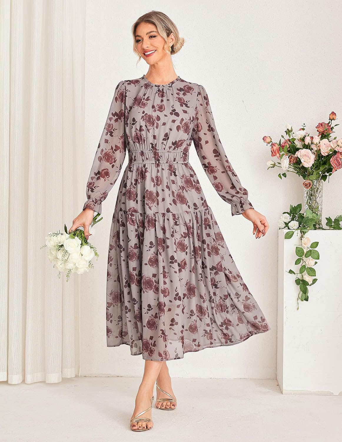 GRACE KARIN Women's Long Sleeve Maxi Dress Fall 2025 Chiffon Flowy Wedding Guest Dresses Floral Tiered Dress with Pockets