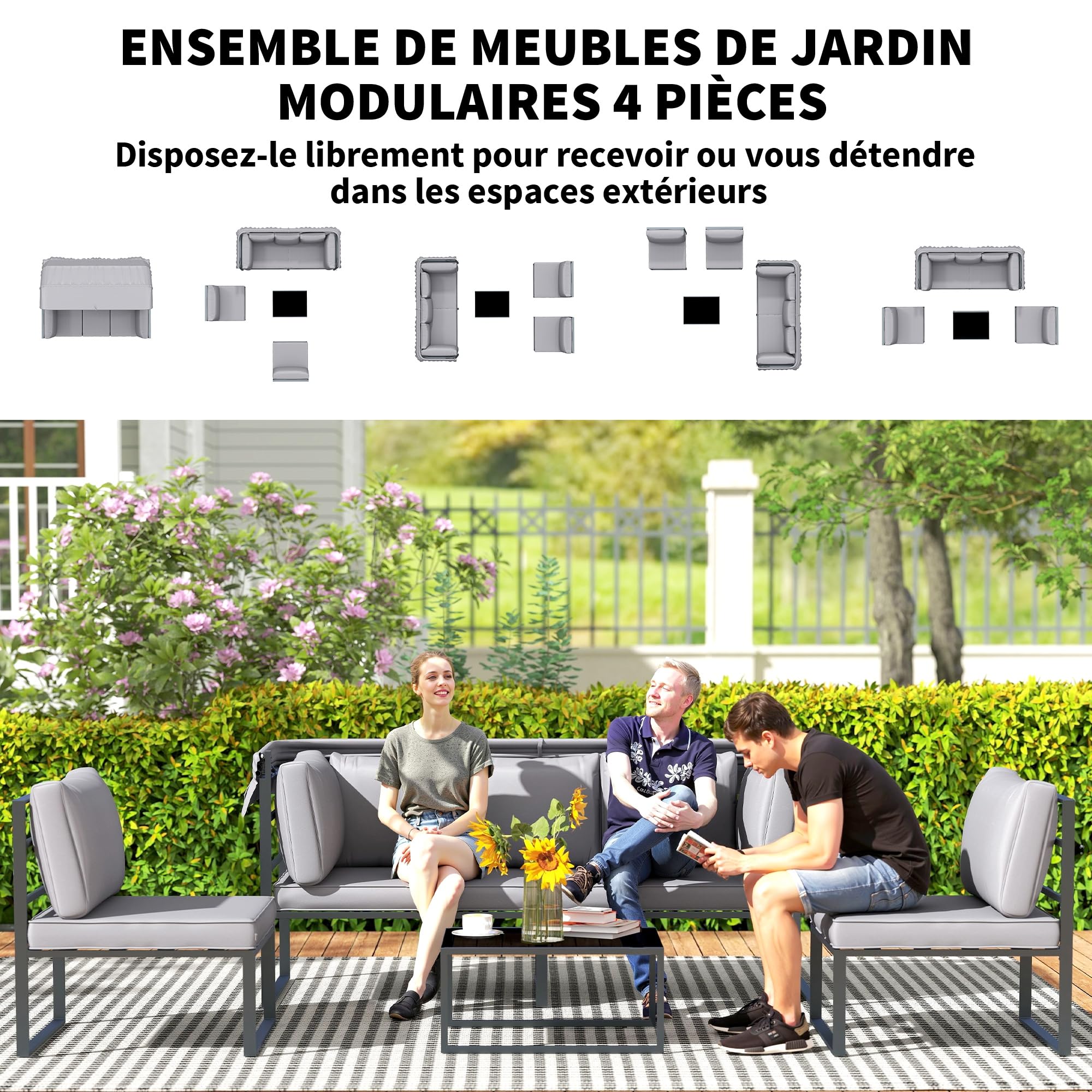 Outsunny Salon de Jardin extérieur 4 pièces modulaire avec canapé 3 Places, 2 fauteuils et Table Basse en Verre trempé, mobilier de Jardin avec Coussins Inclus pour terrasse ou véranda, Gris