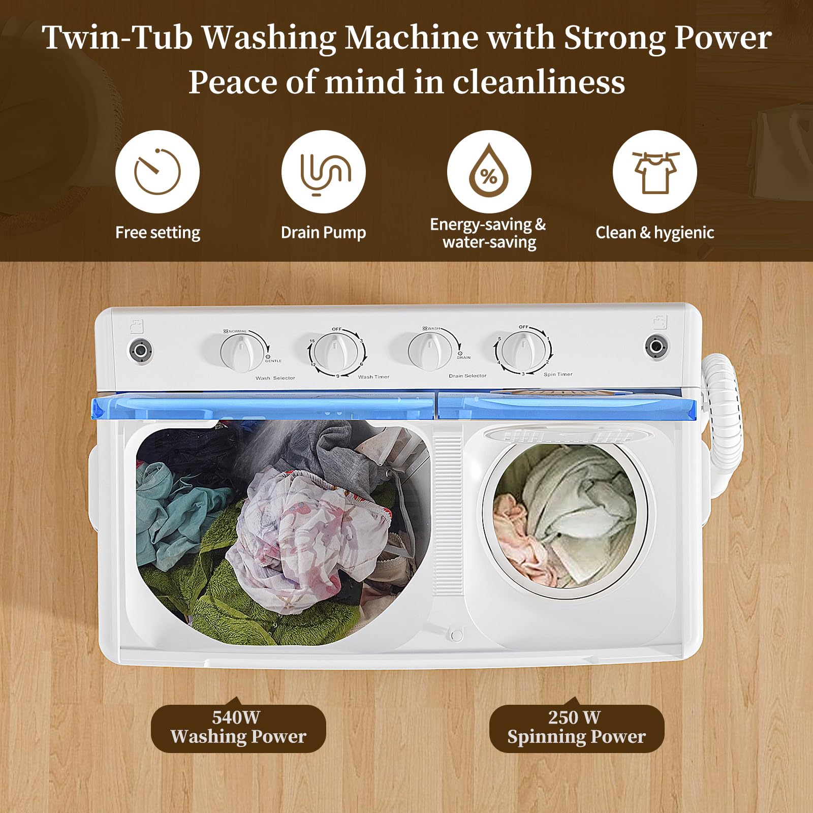 VCJ Portable Washing Machine, Twin Tub Washing Machine Laundry Compact Washer spinner Combo with 20lbs capacity, 12Lbs Washer and 8Lbs Spinner dryer for Apartments RVs and Dorms