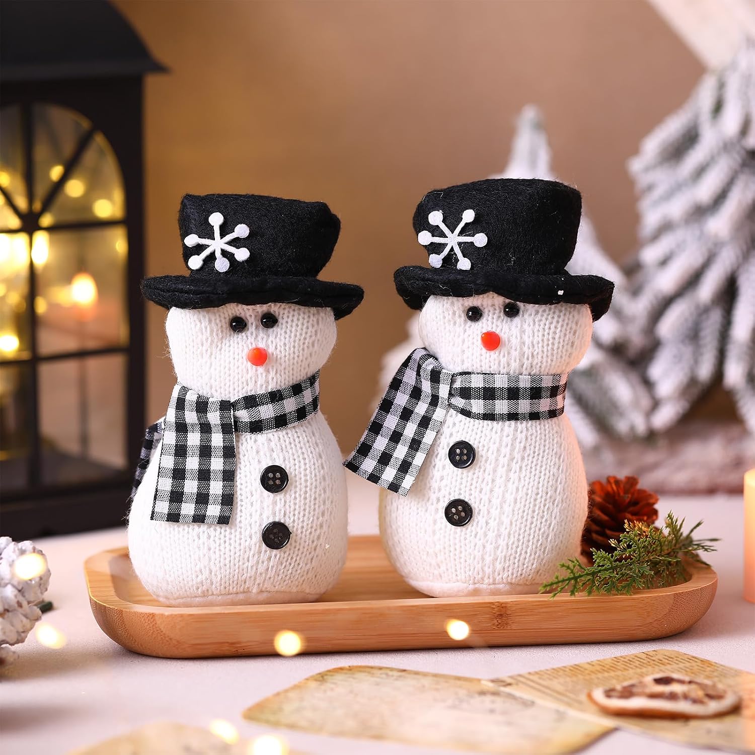 SmoothNovelty 2 Pcs Winter Snowman Plush Toys 6'' Snowman Figurines with Black and White Checkered Scarf Christmas Snow Man Table Centerpieces for Holiday Winter Home Table Fireplace Decor