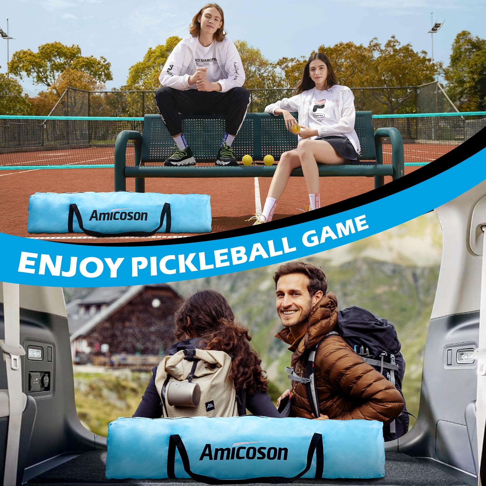Amicoson Tragbares Pickleball-Netz, USAPA -für Auffahrt – Stahlrahmen und Robustes Net, tragbares Pickleball-Netz inklusive Tragetasche