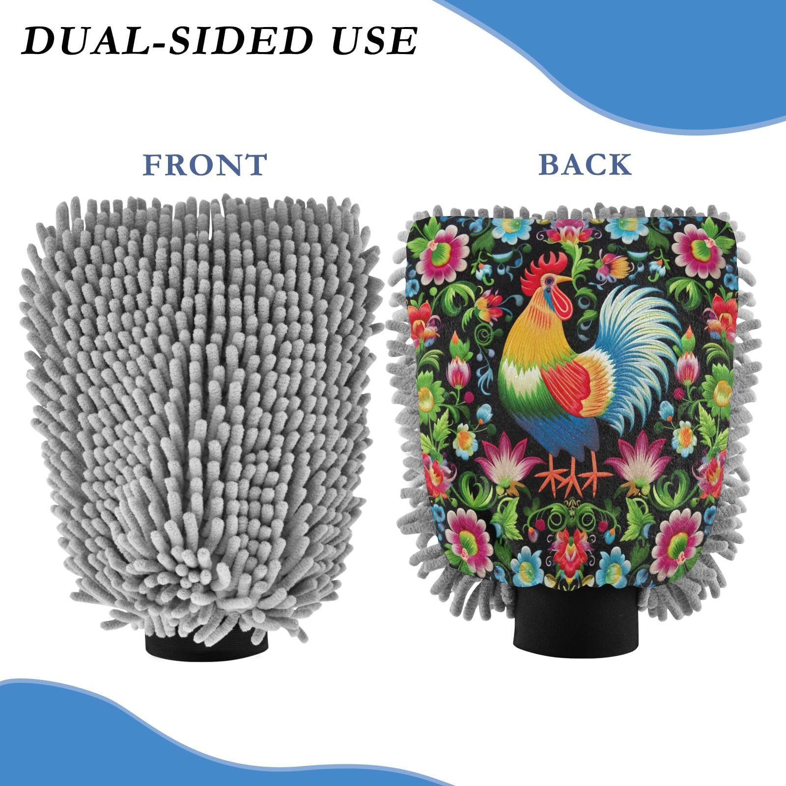 Flradish 2 Pack Rooster Flower Car Wash Mitt Chenille Microfiber Lint-Free Scratch Free Ultra-Soft Absorbent Car Wash Mitt 10.2x7.09 Inch